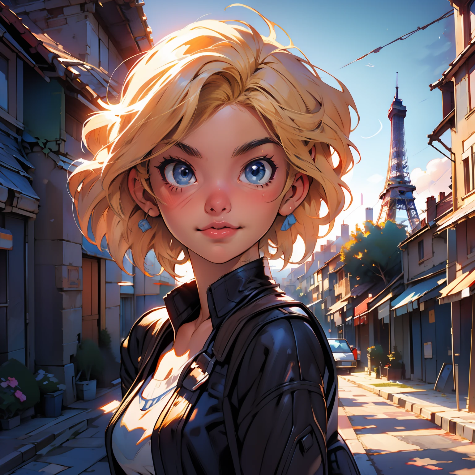 masterpiece, close up, digital paint, (Cute girl, 20 years old, blond short hair ), at the top of eiffel tower in paris by Jim Lee. 1990s \(style\),