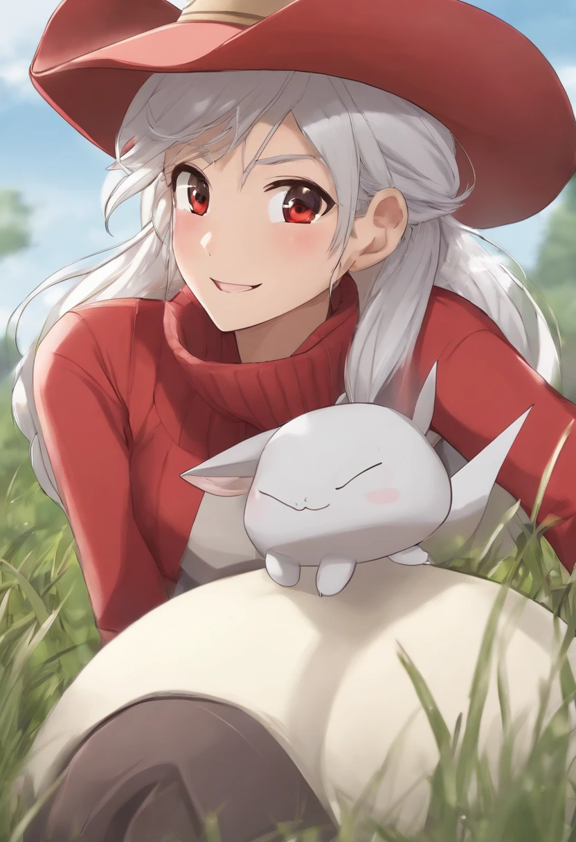 Hi-Res, 1womanl, 独奏,Holding the Poké Ball in your hand, grey eyes, white hair, Red Cap, Red knitted turtleneck with long sleeves,poneyTail, Short shorts, a belt, cowboy shot, Grassy, deph of field, The best smile, Have a Poké Ball, put hands on the hip