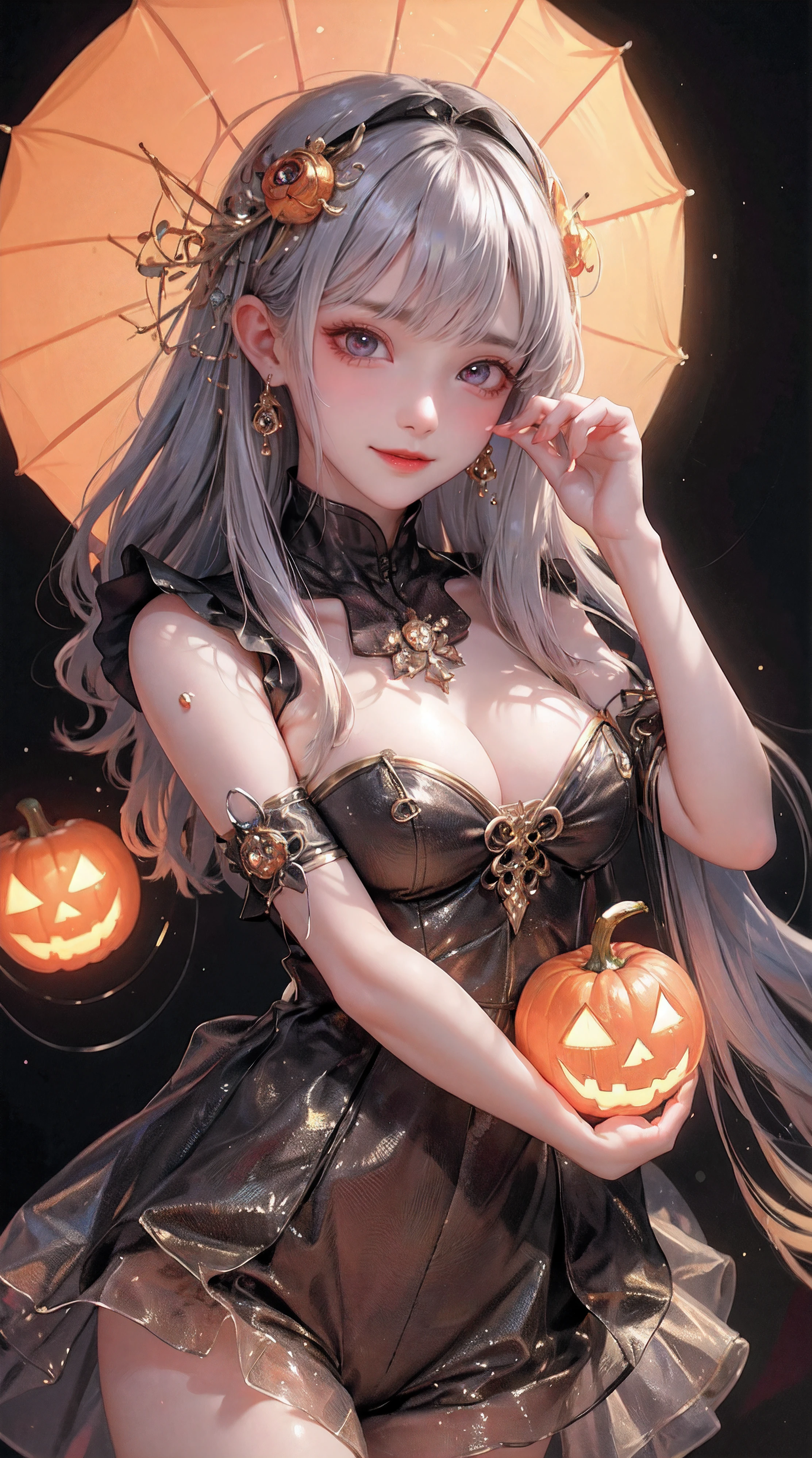 masterpiece,top-quality,top-quality,Beautifully Aesthetic:1.2,Cute glowing jack lantern head girl,can't see the girl's face,halloween night,colourful,high detailed,