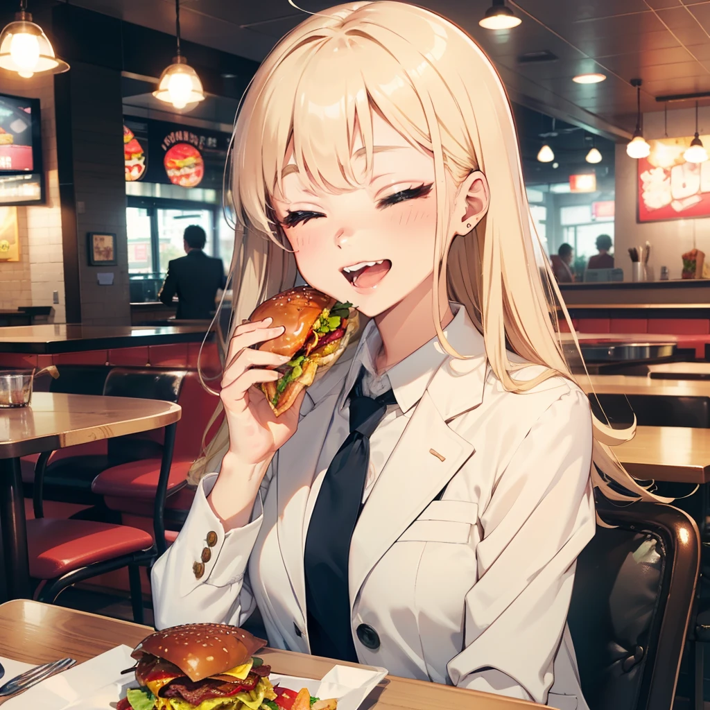 1 beauty,独奏:1.2, High school girl 18 years old, Watery Big Eyes,blazer and tie, (Happy smile),long eyelasher, Blushlush,Platinum Blonde Perm Hair,At the table in a fast food restaurant, (Close your eyes, Smile and open your mouth wide), ((Gnawing on a grabbed hamburger with both hands)),(Eat cleanly)