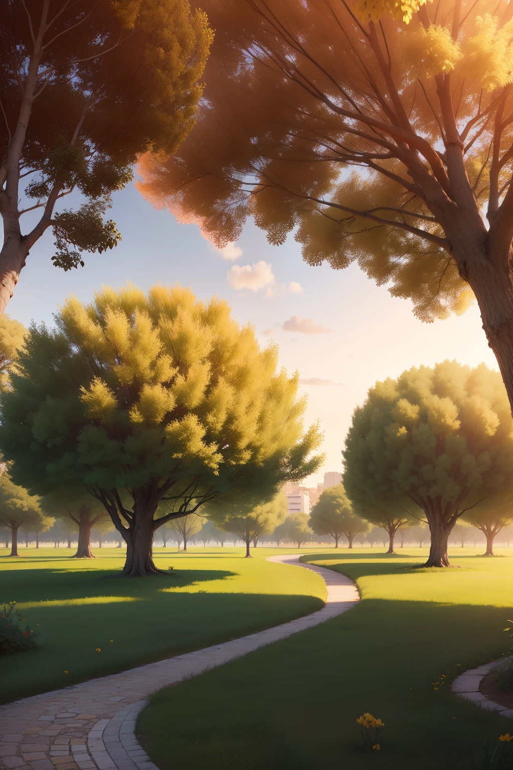 Puesta de sol sobre 2 colinas con muchos arboles y una pradera de flores amarillas ultra realista