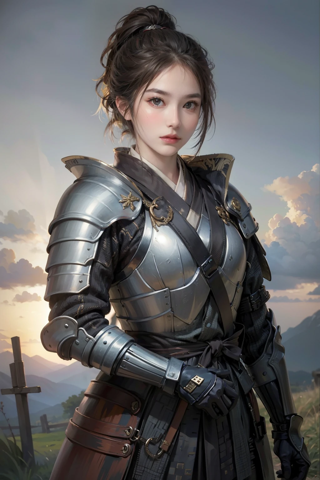 ((top-quality)), ((​masterpiece)), (high-detail:1.3)、1girl in、Mascatia、armor、samurais、perfectly proportions、Medieval armor、Black kimono、