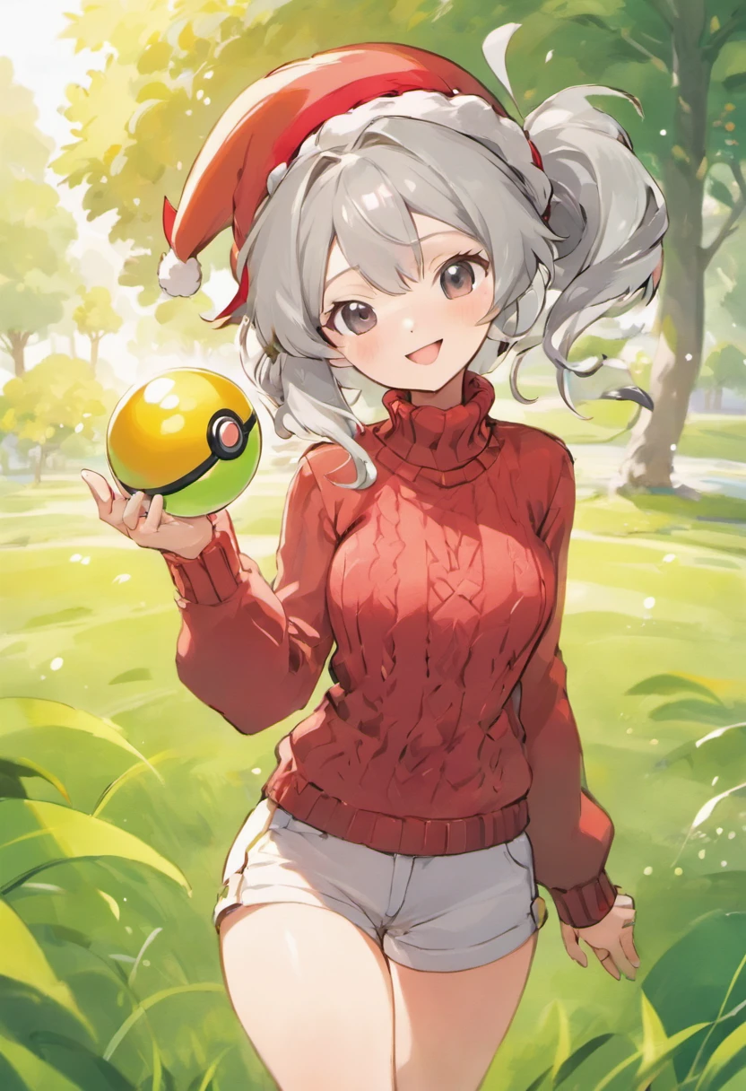 Hi-Res, 1womanl, 独奏,Holding a Poké Ball in Your Hands, grey eyes, white hair, Red glasses,Red baseball cap with wings on the left and right sides, Red knitted turtleneck with long sleeves, White shorts, a belt, Grassy, deph of field, The best smile, Stick out the arm holding the poké ball, put hands on the hip