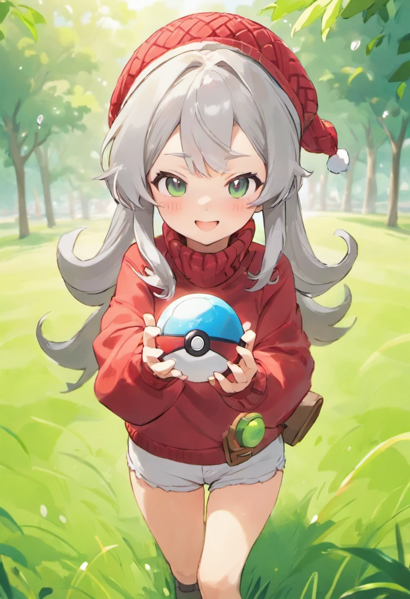 Hi-Res, 1womanl, 独奏,Holding the Poké Ball in your hand, grey eyes, white hair, Red Cap, Red knitted turtleneck with long sleeves,poneyTail, White shorts, a belt, cowboy shot, Grassy, deph of field, The best smile, Have a Poké Ball, put hands on the hip