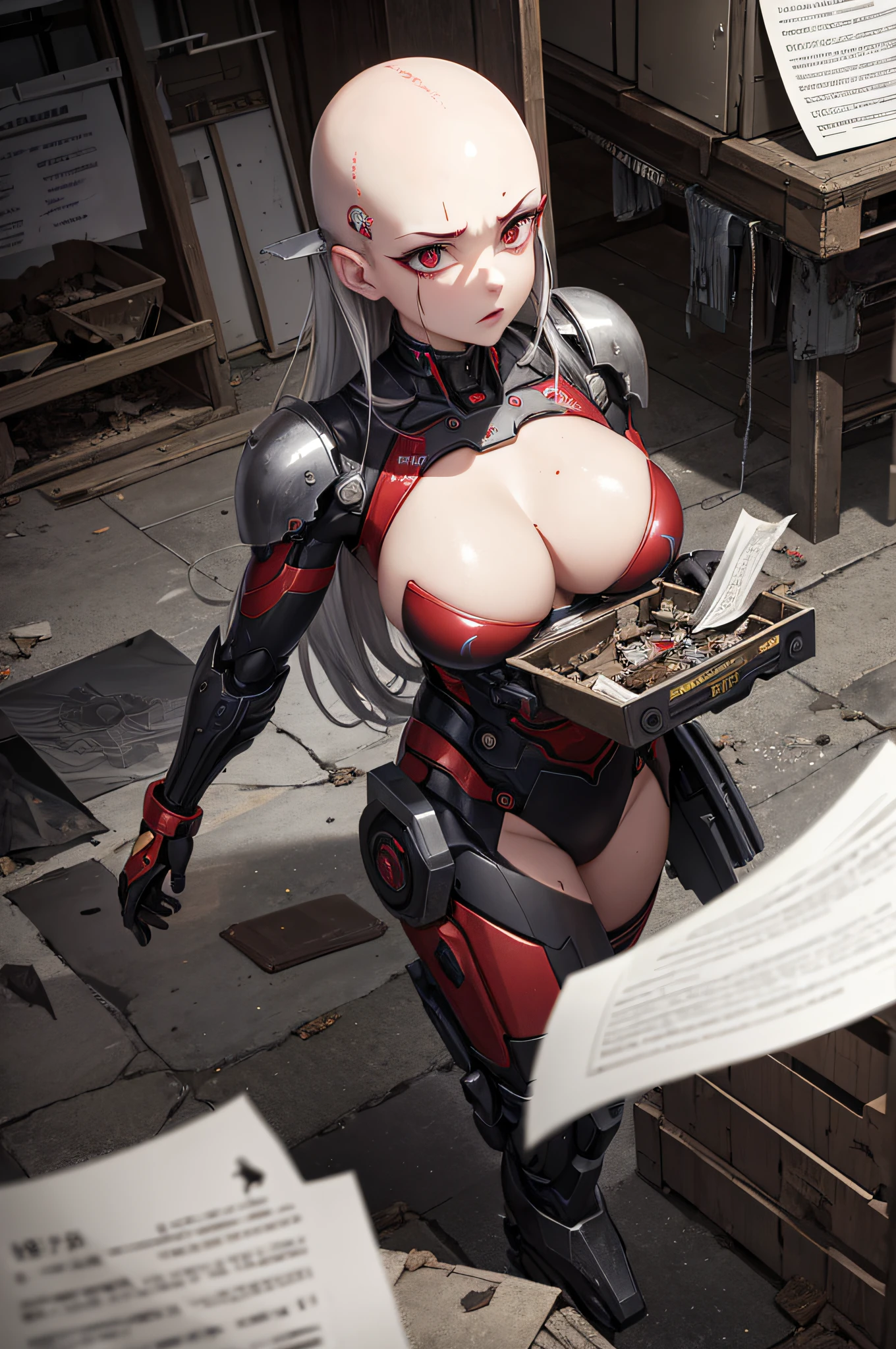8k, masterpiece, extreme details, expressive bg, expressive clothing, expressive hair, expressive eyes, 1female, large breast, , bald, red eyes, blank expression, cyborg, silver skin, red orb in chest, electronics skin, machine body, laboratory bg, abandoned, cobwebs bg, rust bg, dust and noise filter, scattered papers, trash, filth, destruction