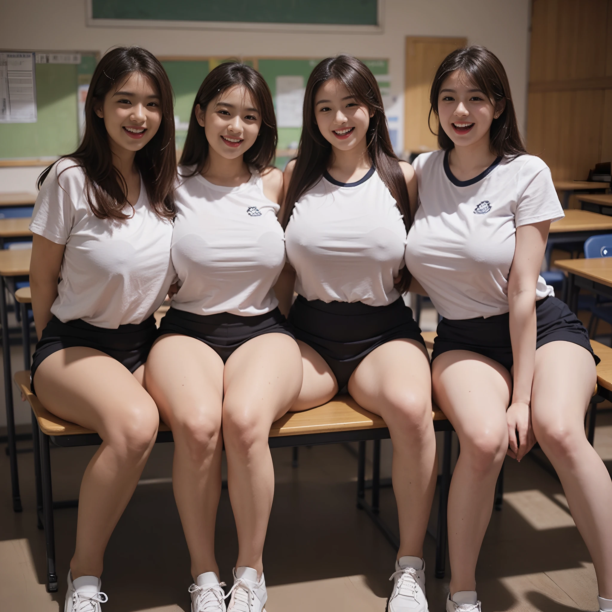 3 plump girls sitting on chair in classroom,photo,tanned skin,thick thighs,school gym clothes,gigantic breasts,laughing,revealing clothes,sweaty