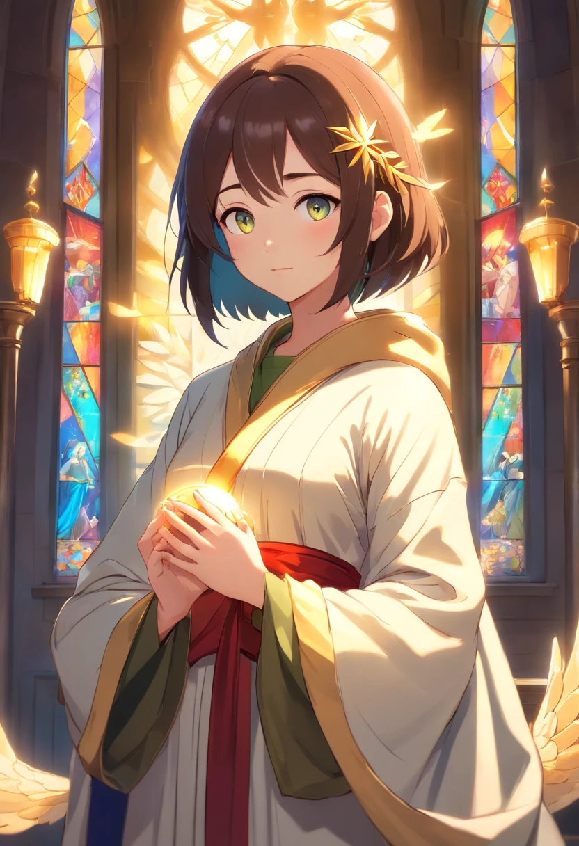 Mona Lisa, pale colors(fantasy sister, robe with gold decoration, offering prayers, church)super fine illustration(colorful stained glass, volumetric lighting backlighting good lighting, colorful refraction)depth of field(highly detailed beautiful face and eyes)perfect anatomy(angelic cute 1boy)(furry beastman)(fur covered body animal facial features animal body features)(animal muzzle highly detailed fur)chibi full body