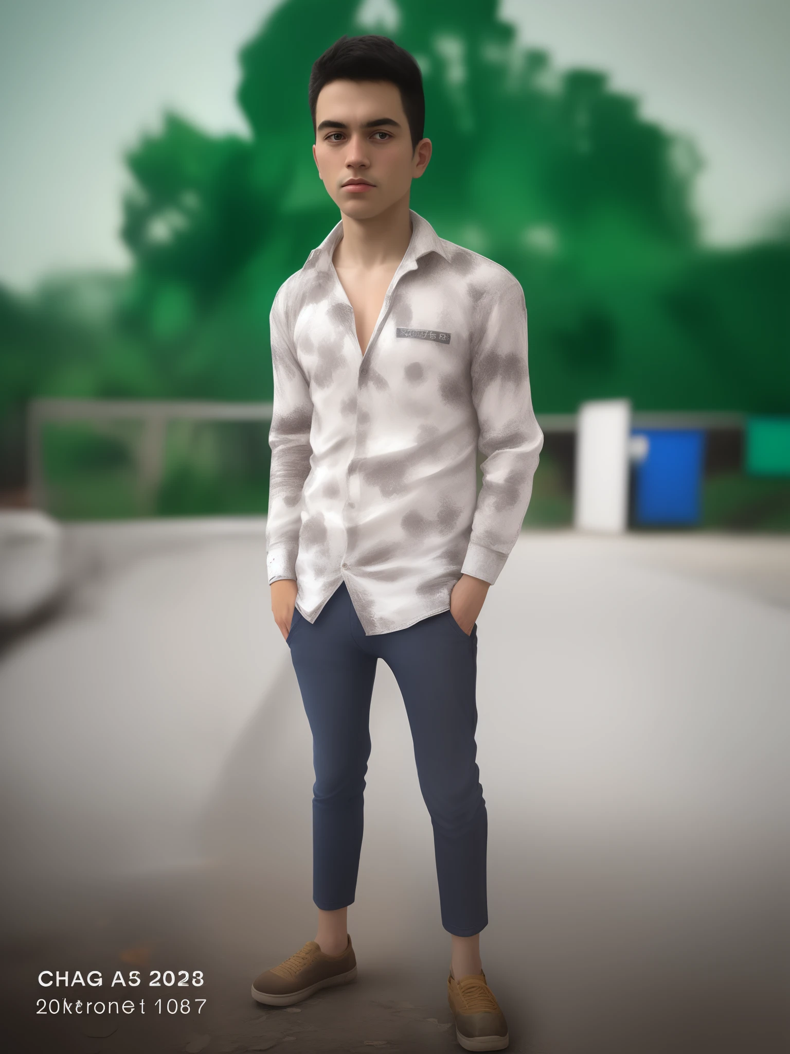 A boy standing in the middle of the road, well dressed, lighting, sunlight, hyper realistic, 8k