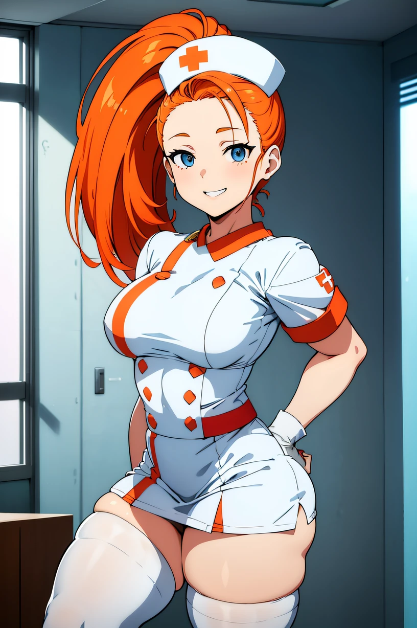 captain mizuki, muscular female, forehead, high ponytail, orange hair, blue eyes, large breasts, thick thighs, solo, nurse, ((white nurse cap, white nurse's outfit)), ((white legwear, zettai ryouiki)), white gloves, smile, teeth, standing, hospital room, sharp outline, short sleeves, best quality, masterpiece