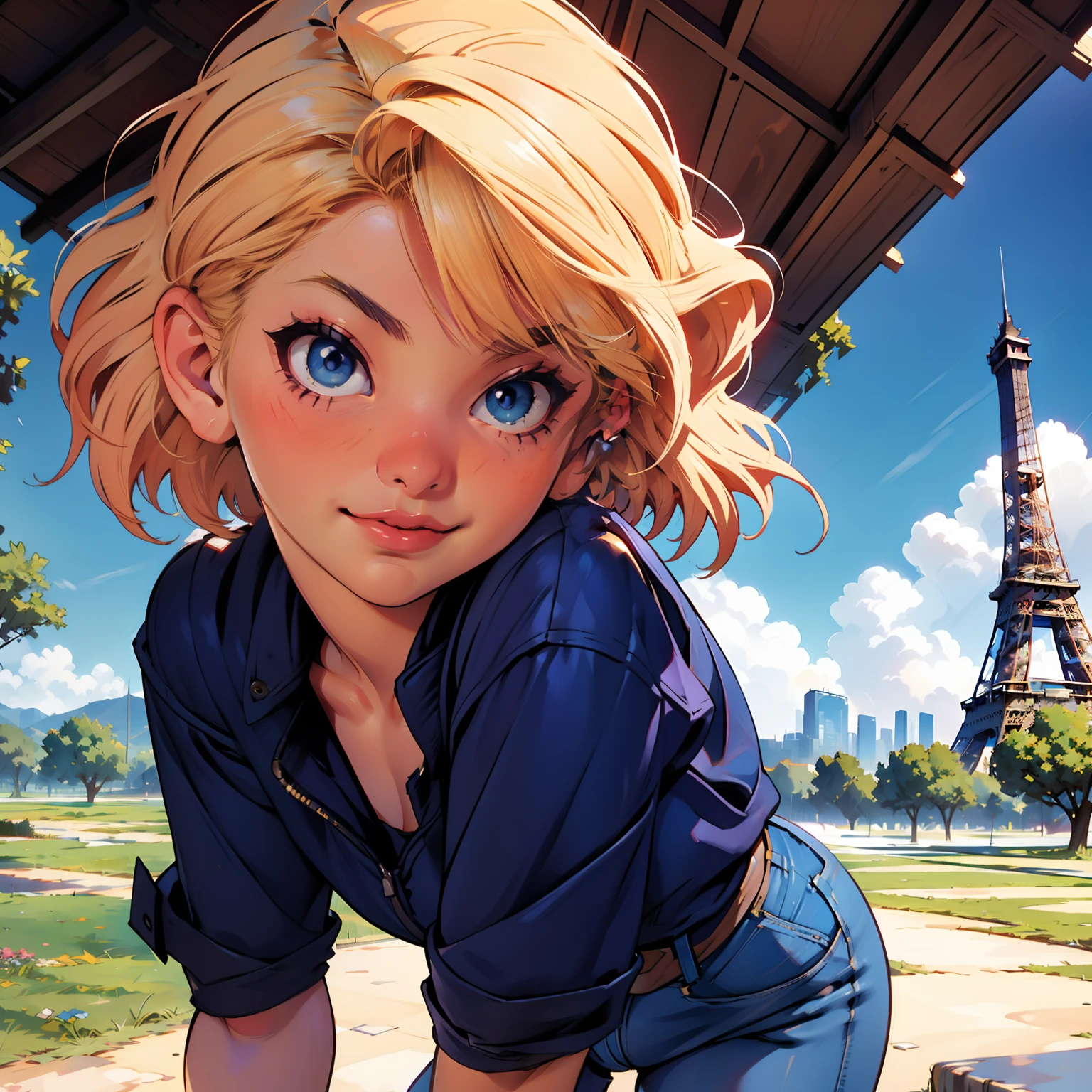 masterpiece, close up, digital paint, (Cute girl, 20 years old, blond short hair ), at the top of eiffel tower in paris by Jim Lee. 1990s \(style\),