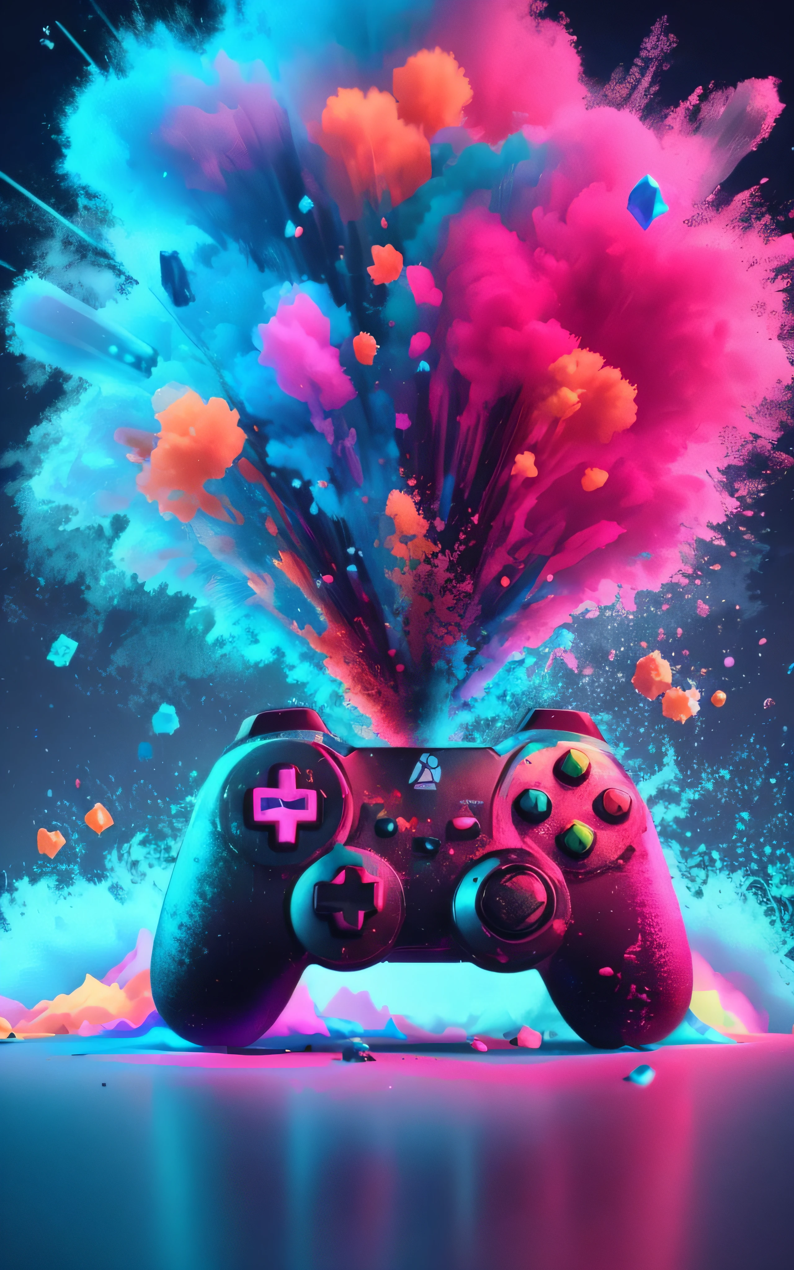 A closeup of a video game controller with colored powder, cores do bipe, gamer aesthetic, capa de videogame, salpicos de cor azul e rosa, arte digital de videogame, game aesthetic, bipe!!, beeple daily art, Estilo Beeple, bipe |, Tema gamer, Artem Demura Beeple