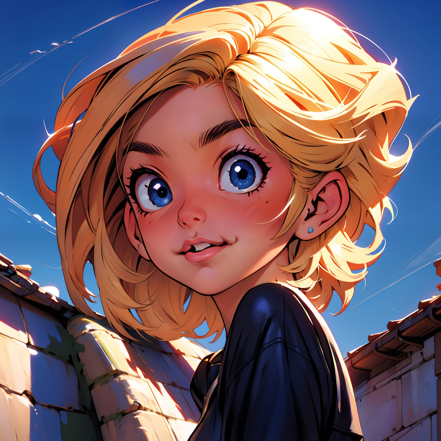 masterpiece, close up, digital paint, (Cute girl, 20 years old, blond short hair ), at the top of eiffel tower in paris by Jim Lee. 1990s \(style\),