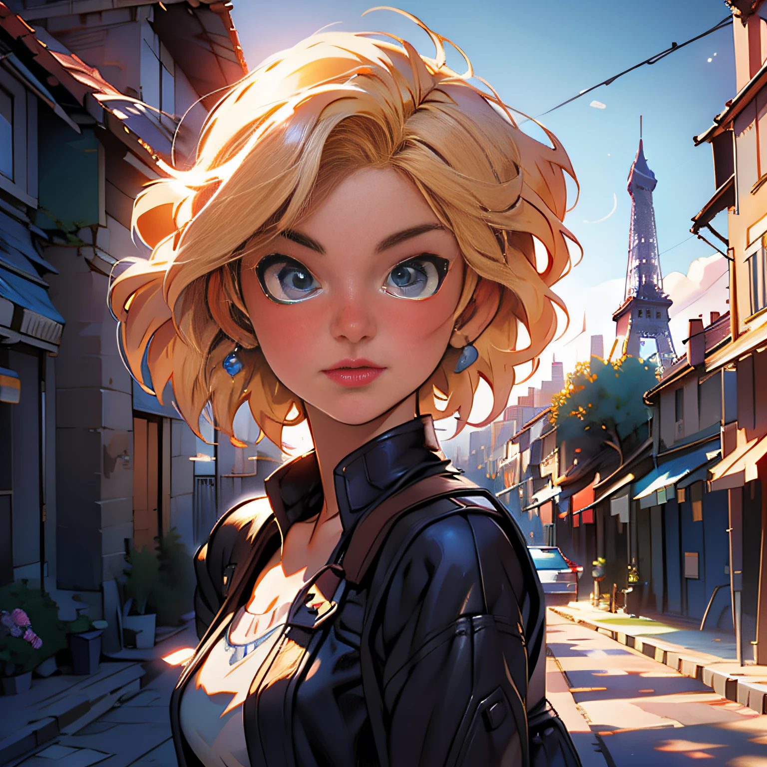 masterpiece, close up, digital paint, (Cute girl, 20 years old, blond short hair ), at the top of eiffel tower in paris by Jim Lee. 1990s \(style\),