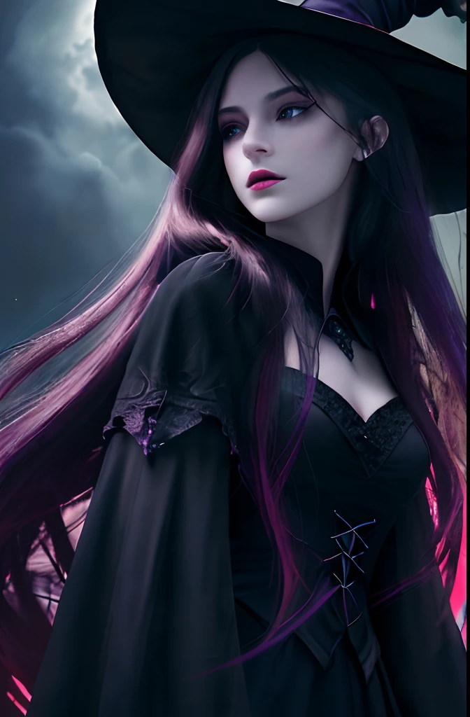 (best quality,4k,8k,highres,masterpiece:1.2),ultra-detailed,(realistic,photorealistic,photo-realistic:1.37),witch,castle background,night,black outfit,red magic,colorful magical aura,moonlit scene,dark and mysterious atmosphere,enchanted forest,twinkling stars,wisps of fog,lucid dream-like quality,impressive architectural details,elaborate gothic motifs,moonlight casting eerie shadows,mesmerizing spellcasting,detailed facial features,beautiful detailed eyes,beautiful detailed lips,long eyelashes,mysterious expression,floating in the air,graceful body posture,casting intricate spells with wand,black pointed hat,flowing long dark hair,dark and dramatic makeup,sparkling magical particles,ethereal glow,subtle color gradient,moody lighting,ambient glow in the surroundings,ominous dark clouds overhead,hints of moonlight piercing through the clouds,dreamy color palette,contrasting shades of deep red and black,subtle hints of purple and blue,play of shadows and highlights,emphasis on textures,rich and vibrant colors,evoking a sense of mysticism and enchantment.