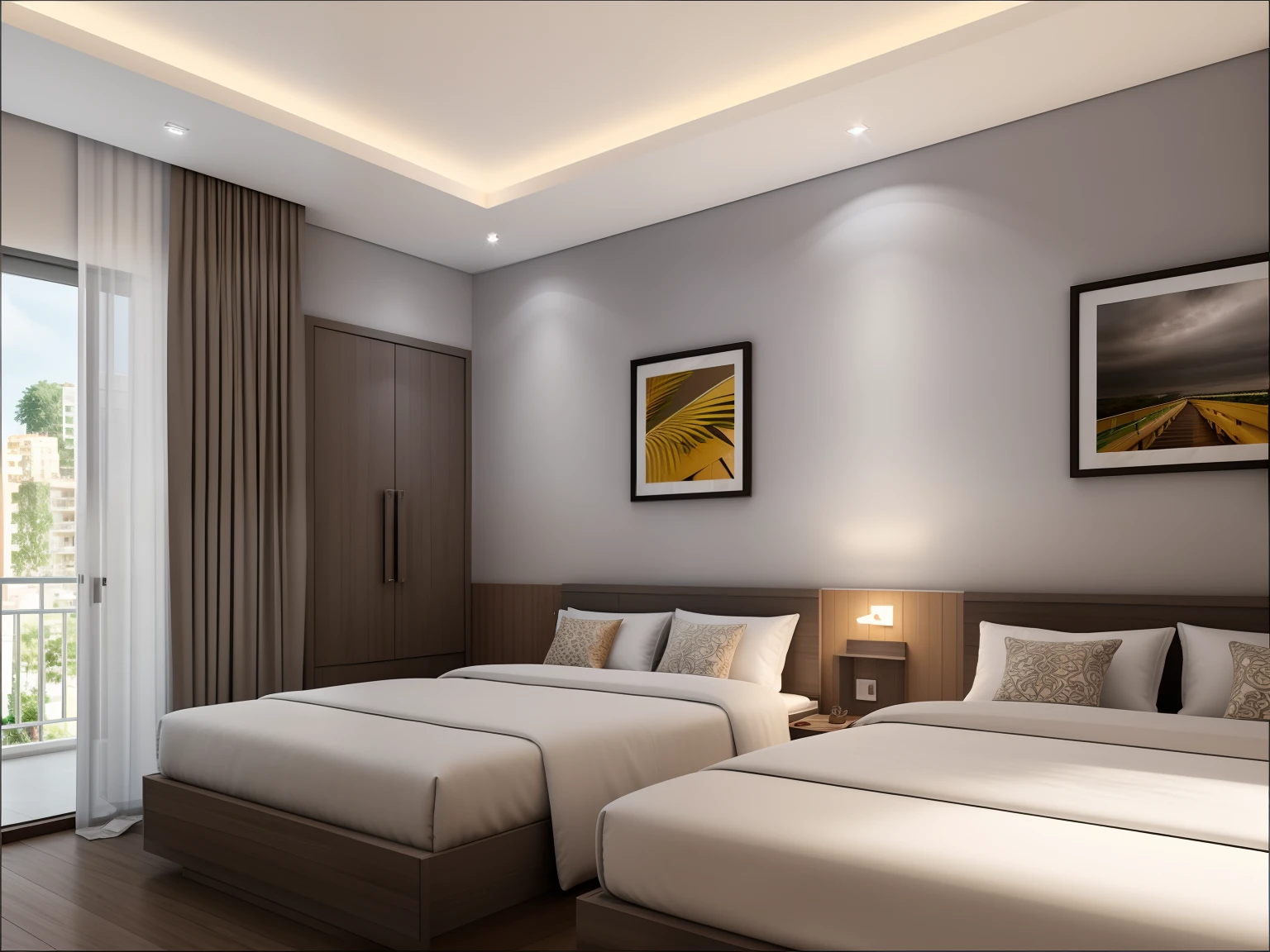 there are two beds in a room with a balcony and a door, bed room, room interior, natural light in room, highly detailed soft lighting, clean and pristine design, vray rendered, dim bedroom, high-quality render, bright render, rendered lighting, interior of room, interior room, bedroom, bedroom interior, room lighting, colour, highly detailed render