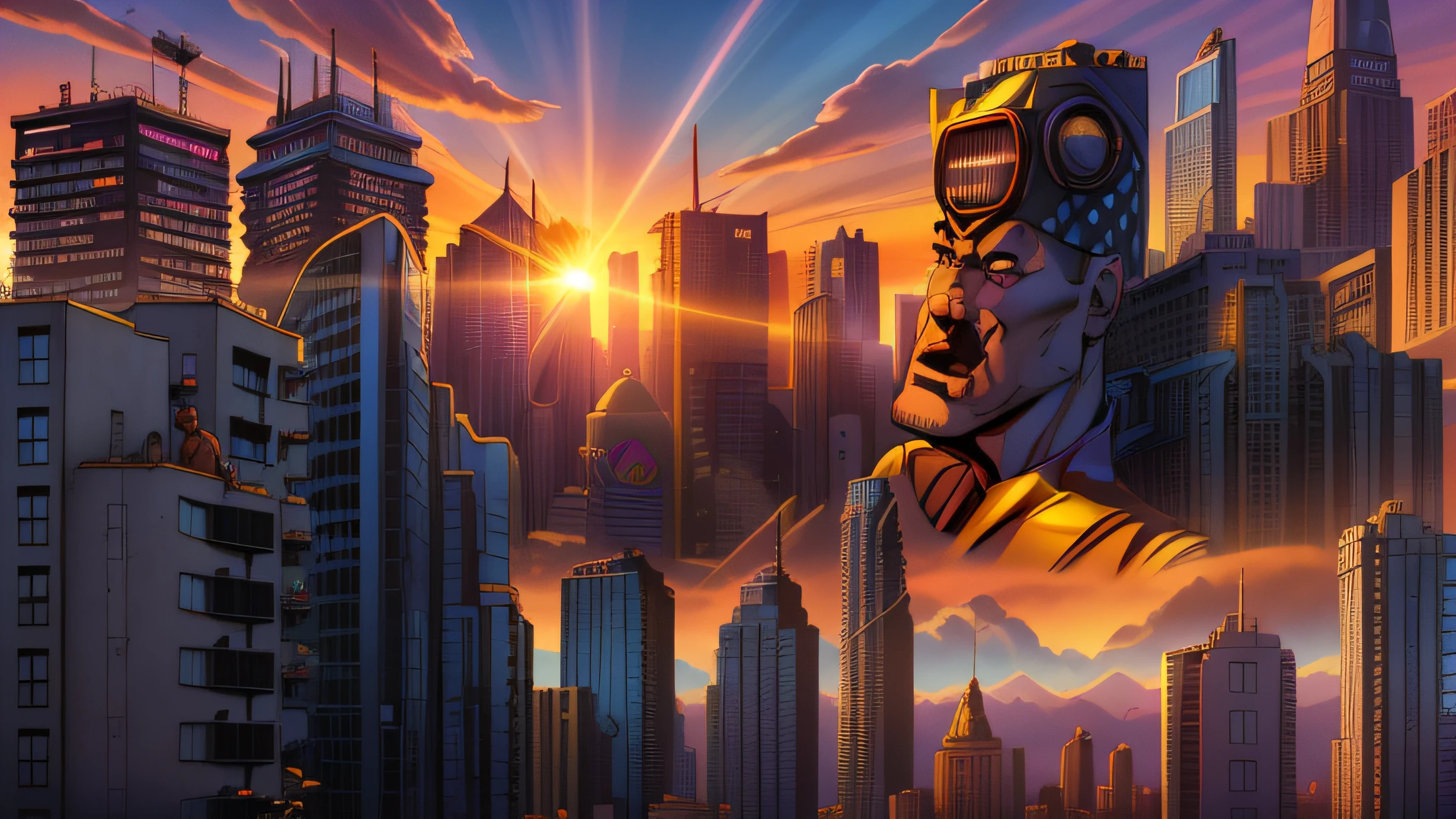in style of george perez, Arafed view of a city street with tall buildings and a sun, Sunrise over Solar Punk City, Sun and shadow over a city, City sunset, Chiang Cliff, by Matt Stewart, by Dan Scott, by Matthew D. Wilson, transmetropolitan, by Jesse Richards, comic, by Adam Rex, by Adam Paquette, Matte Painting Comic Art