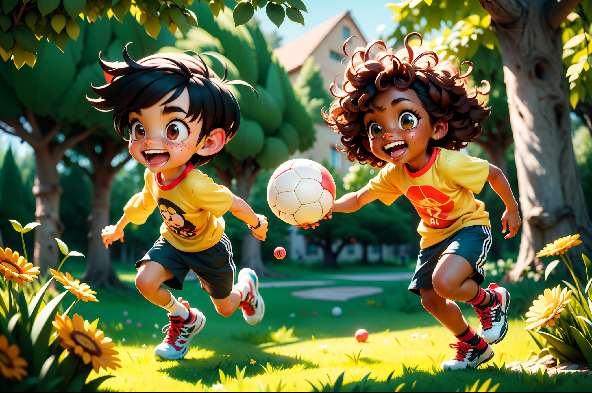 RAW photo, best, masterpiece, best quality, high quality, extremely detailed, illustration, ((two boys playing ball: 1.42)), colorful, cheerful, playful, garden, friends, sunny day, green grass, blue sky , bright colors, active, energetic, happy expressions, dynamic poses, outdoor activity, run, jump, bounce the ball, emotion, movement, detailed characters, happy faces, , teenager, curly hair, freckles, expressive eyes, lips smiling, casual clothing, t-shirt, shorts, sneakers, trees in the background, flowers, animated atmosphere, pencil shading, comic style, vibrant light and shadow effects, happy childhood memories, best quality, ultra-detailed, realistic , sharp focus, vivid colors