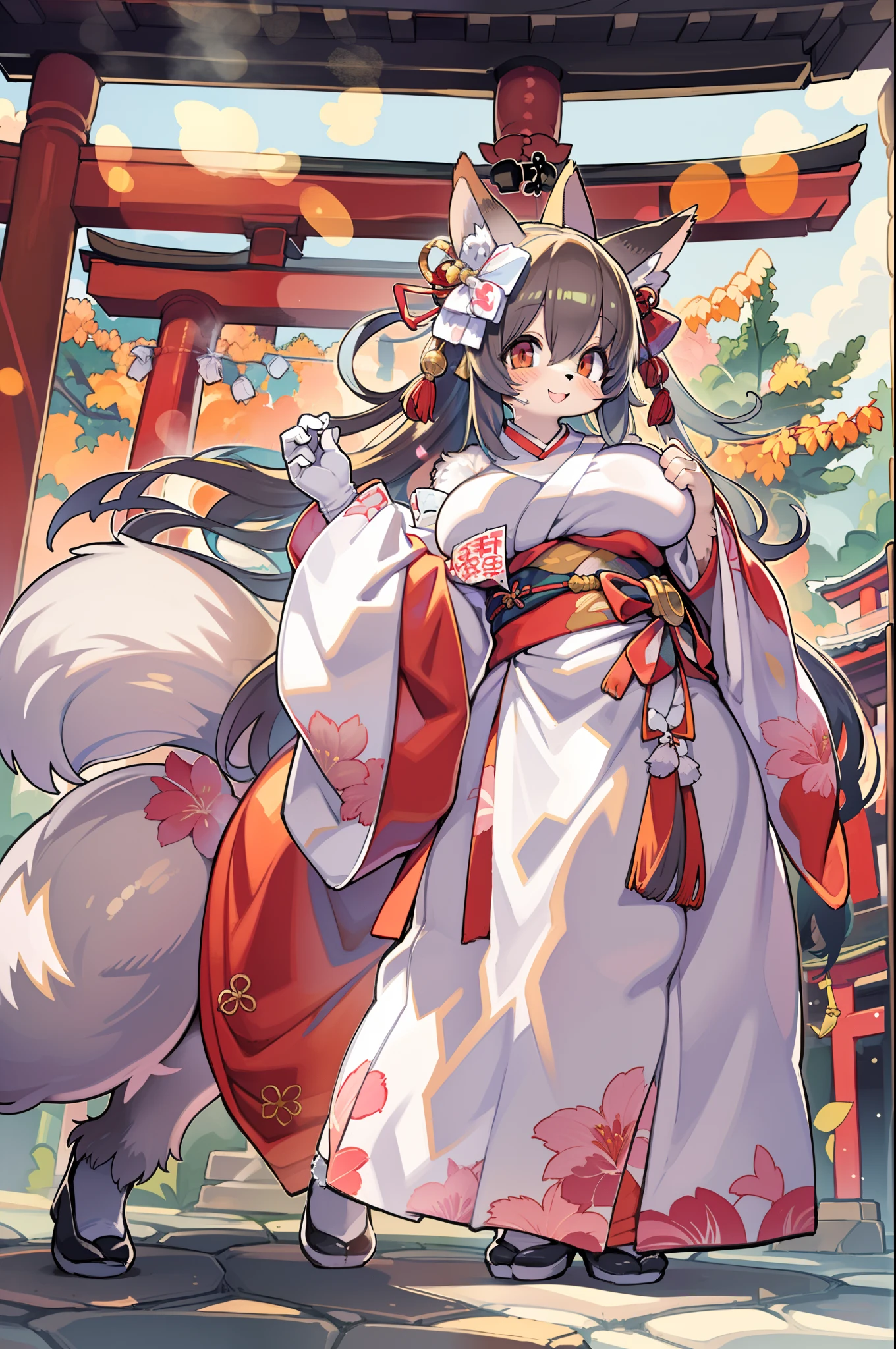 Fox Woman、body covered with fur、huge-breasted、kawaii、shrine maiden、Japan white clothes,Red Hakama、torii gate,summer day、From below、Wide Shot、A big smile、bbw、thick thight、big butts、Ultramammy