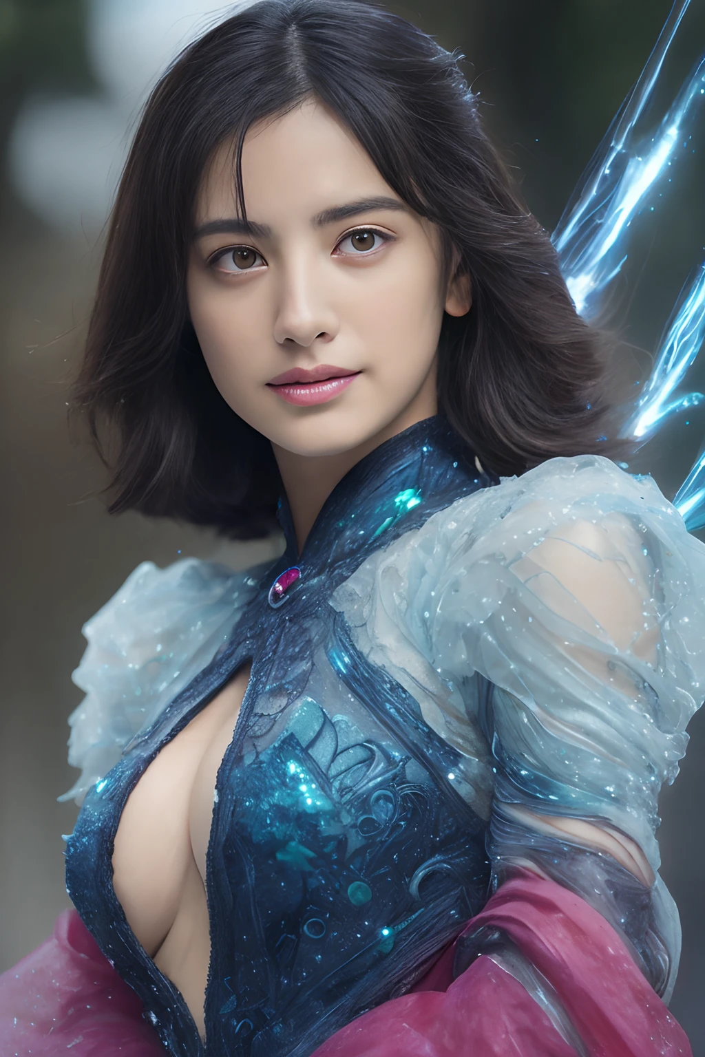 From Side, Photorealistic, Official art, Unity 8k壁纸, 8K Portrait, Best Quality, Very high resolution, (Incredibly beautiful nature background:1.6), One girl, One beautiful age italian girl, sixteen years old, Obscene, (Sexy and glamorous:1.1), (A coquettish expression:1.6), (small breasts with raised areolas,,,,,:1.6), Vulgarity, (seductively smiling:1.2), (full body1.0), (erotic posing:1.5), (Magic Attack Pose:1.6),(magical effects like sparkles or energy:1.5), (Electric shock from hands:1.1), (Detailed blue bodysuit with beautiful fractal or marble design:1.5), (Beautiful and d delicate ruby, topaz, emerald and sapphire jewelry:1.45), Beautiful seductive face, Portrait, (Thick eyebrows:1.2), (Big purple eyes:1.2), Beautiful eyes with fine purple symmetry, (ultradetailed eyes:1.4), (High resolution eyes:1.1), Intimate face, (ultra detailed skin texture:1.4), Perfect Anatomy, Thin, (Beautiful toned body:1.1), Hair Bow, (Moist skin:1.1), full of sweat, No makeup, dark circles, Good anatomy, Focus Face, goodlooking, (Emilia Clark:0.6) (Emma watson:0.3),(Jennifer Connelly:0.4), (sensual face:1.5), Elegant face, Nice, Dolce, Cyberpunk Sci-Fi, (Gauntlets with intricate and beautiful designs:1.2), Blurred background, Blurred foreground, depth of fields, (Motion Blur:1.1), Complex and colorful biomechanical bodysuit, Zentangle, mandalas, Entangled, (Small breasts:1.2), Sheer breast, (Beautiful :1.2), (NSFW:1.2), large hips, drivel, Juice stain, grabbing on breasts
