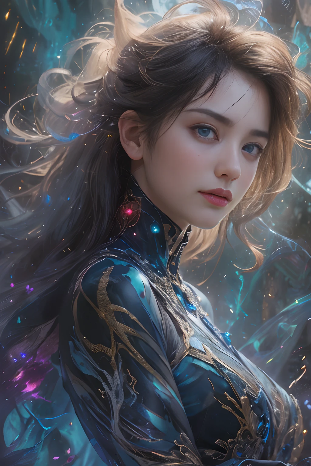 From Side, Photorealistic, Official art, Unity 8k壁纸, 8K Portrait, Best Quality, Very high resolution, (Incredibly beautiful nature background:1.6), One girl, One beautiful teenage italian girl, sixteen years old, Obscene, (Sexy and glamorous:1.1), (A coquettish expression:1.6), (small breasts with raised areolas,,,,,:1.6), Vulgarity, (seductively smiling:1.2), (full body1.0), (erotic posing:1.5), (Magic Attack Pose:1.6),(magical effects like sparkles or energy:1.5), (Electric shock from hands:1.1), (Detailed blue bodysuit with beautiful fractal or marble design:1.5), (Beautiful and d delicate ruby, topaz, emerald and sapphire jewelry:1.45),  Beautiful seductive face, Portrait, (Thick eyebrows:1.2), (Big purple eyes:1.2), Beautiful eyes with fine purple symmetry, (ultradetailed eyes:1.4), (High resolution eyes:1.1), Intimate face, (ultra detailed skin texture:1.4), Perfect Anatomy, Thin, (Beautiful toned body:1.1), Hair Bow, (Moist skin:1.1), full of sweat, No makeup, dark circles, Good anatomy, Focus Face, goodlooking, (Emilia Clark:0.6) (Emma watson:0.3),(Jennifer Connelly:0.4), (sensual face:1.5), Elegant face, Nice, Dolce, Cyberpunk Sci-Fi, (Gauntlets with intricate and beautiful designs:1.2), Blurred background, Blurred foreground, depth of fields, (Motion Blur:1.1), Complex and colorful biomechanical bodysuit, Zentangle, mandalas, Entangled,  (Small breasts:1.2), Sheer breast, (Beautiful :1.2), (NSFW:1.2), large hips, drivel,  Juice stain, grabbing on breasts