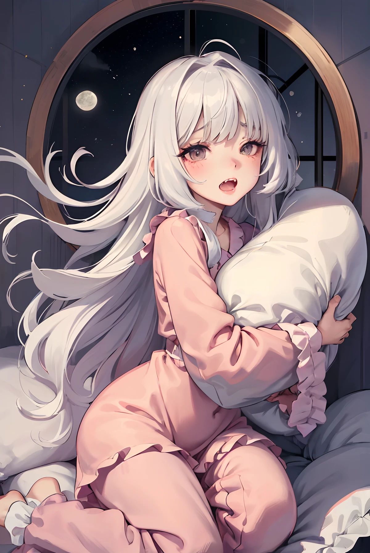 Original Characters, Natural Volumetric Lighting And Best Shadows, Deep Depth Of Field, Sharp Focus, Portrait Of Stunningly Beautiful Petite Girl, Soft Delicate Beautiful Attractive Face With Alluring Black Eyes, Lovely Small Breasts, Sharp Eyeliner, (Yawning And closing one eye:1.05), Open Mouth With Cute Fangs, Windswept Disheveled White Hair, Thick Layered Medium Hairstyles, Blush Eyeshadow With Thick Eyelashes, Parted Lips, Cute Kigurumi Pajamas, pajamas, (Huging Long Pillow:1.8), (Sitting On Moon/Stars/Clouds Patterned Lovely Duvet Bed:1.2), (Loft Bedroom Under Circular Window:1.15), (Highest Quality, Amazing Details:1.4), Masterpiece, Bloom, Picturesque, Brilliant Colorful Paintings
