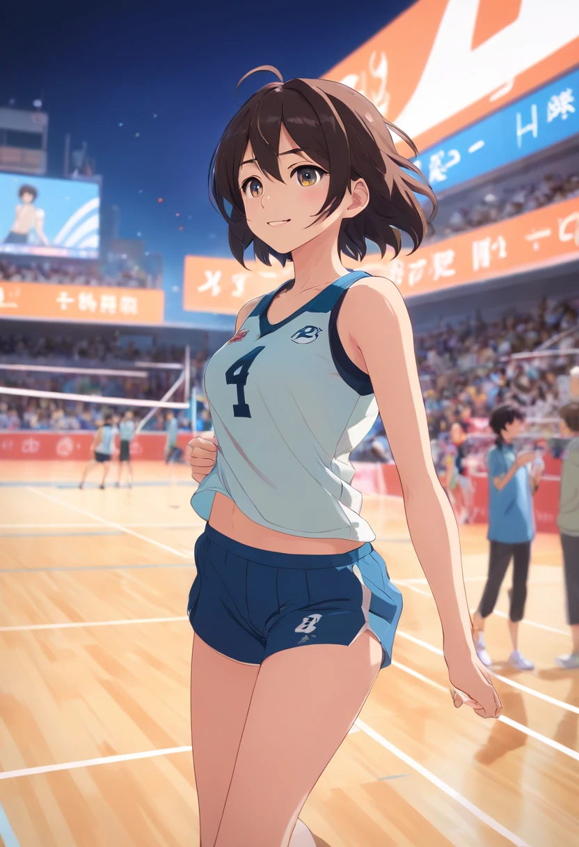 In the intense sports match, a 25-year-old female volleyball player enters with striking beauty. Her face captivates with hazel eyes, delicately arched eyebrows, and plush, rosy lips. Straigh black hair cascades over her shoulders, adding to her allure. The crowd is mesmerized by her presence, eagerly awaiting her every move. ((full body view)), ((full shoes view)), High contrast colors, High-resolution 4K quality， Smiles, handsome