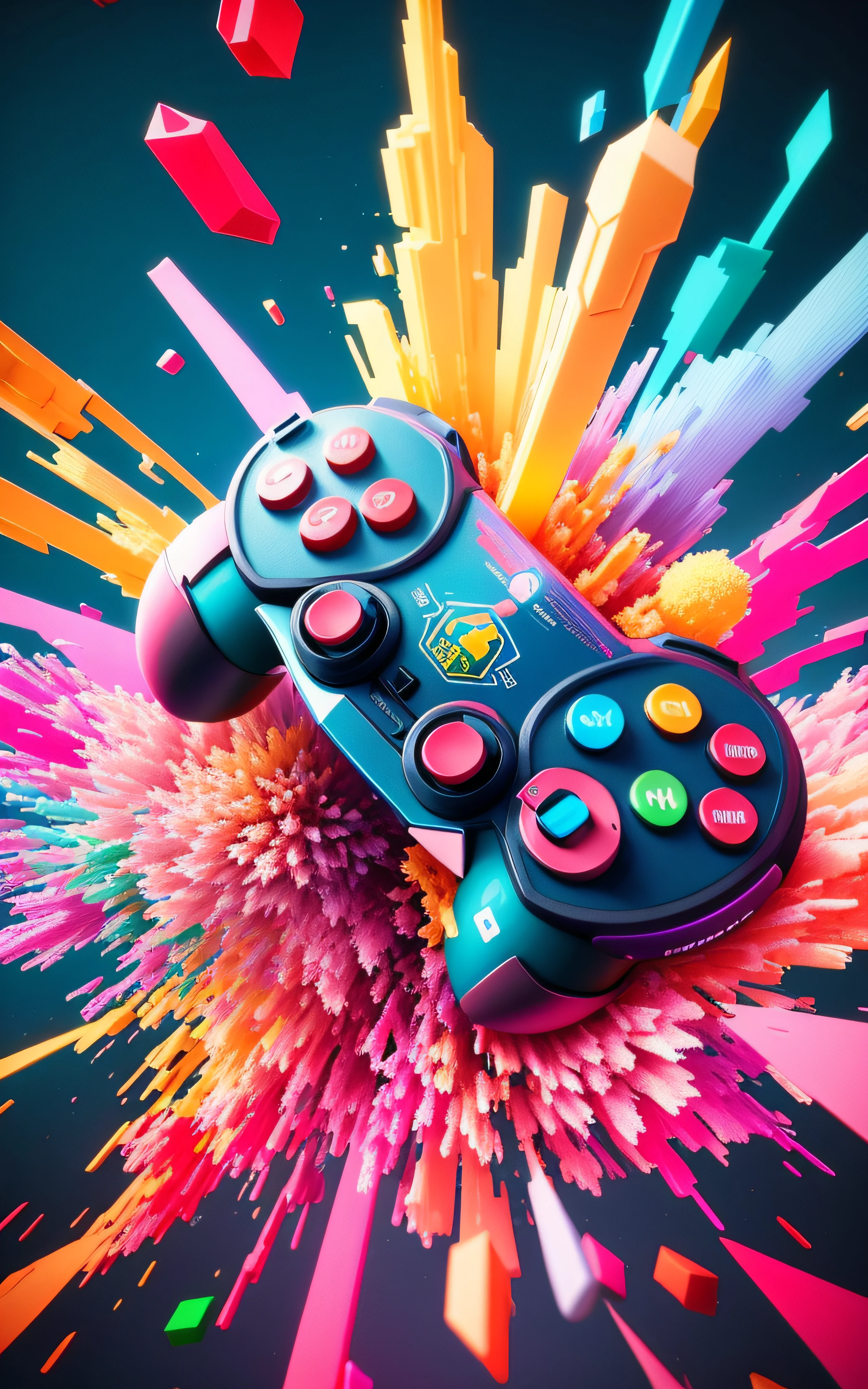 um close up de um controle de videogame com respingos de tinta coloridos, arte digital de videogame, cores do bipe, cinema 4d render colorido, arte de jogos de computador, colorful vivid octane render, colorful octane render, arte do jogo, arte digital #OneShotGame, controle de videogame, pintura digital colorida, videogame render, Arte do jogo 3D, Arte do jogo 3D
