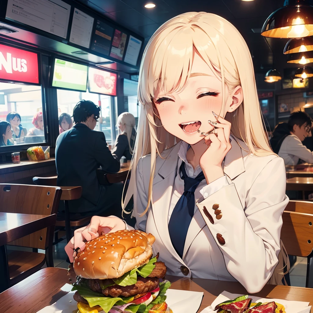 1 beauty,独奏:1.2, High school girl 18 years old, Watery Big Eyes，blazer and tie, (Happy smile)，long eyelasher, Blushlush,Platinum Blonde Perm Hair,At the table in a fast food restaurant, (Close your eyes, Smile and open your mouth wide), ((Gnawing on a grabbed hamburger with both hands)),(Eat cleanly)