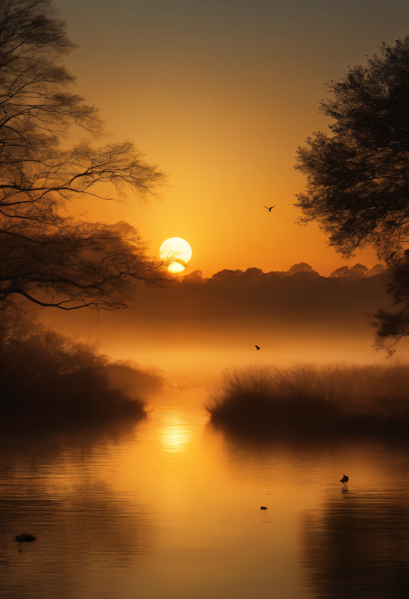 Peaceful scenery at dawn, Soft gold tones depict the horizon where birds sing, Image in 2560 x 1440 pixel format