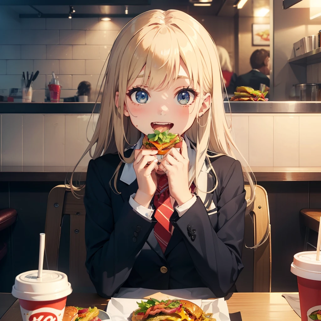 1 beauty,独奏:1.2, High school girl 18 years old, Watery Big Eyes,blazer and tie, (Happy smile),long eyelasher, Blushlush,Platinum Blonde Perm Hair,At the table in a fast food restaurant, (Smiling and opening mouth wide to eat a hamburger), ((Gnawing on a grabbed hamburger with both hands)),(Eat cleanly)