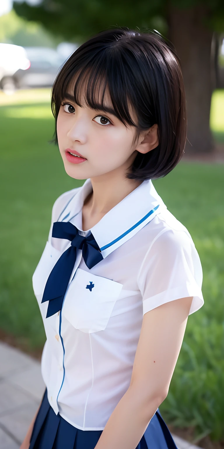 Neat and clean schoolgirl、(Schoolgirl Uniform、Loose and large shirt、Shoulders are visible、Nipple bumps、16yo girl、shirt wet、Sheer white shirt、Navy blue ribbon at the collar、School Uniform Blazer、Dark blue pleated micro mini)、Outside the field、(Slimed)、Photorealsitic、detaileds, Skin Texture, ultra-detailliert、Delicate and sexy collarbone、Super Detailed Face、Detailed lips、A detailed eye、二重まぶた、Emphasis on the chest、Very distressed look、Very embarrassed look、Lift the hem of the skirt yourself,、Show the camera your white panties、pantyshot、The figure that seems to be able to see the panties、I can see my panties、Panties visible through the gap between the thighs、Panties visible through the gap between the legs、Panties visible from the legs、Short-cut hairstyles、Chest chiller、Bra visible through the gap in the shirt、Bra seen through a fluffy shirt、Sexy Outfit、Chilarism、eroticism、Shameful appearance