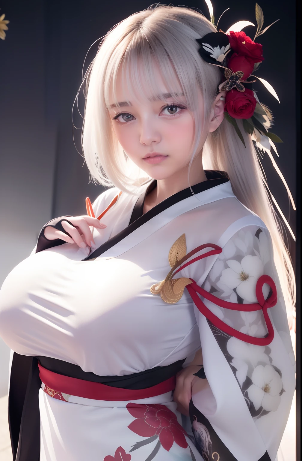 face lighting,bright backlight,super high resolution,best quality,Photos,4k,(Realistic:1.2),huiye,1girl,(kimono:1.1),(the third eye:1.3),horns,(pale skin:1.5),(white hair:1.2),long hair , see-through kimono, Transparent clothes show underwear, kimono is made of very thin material so that all of your skin is visible, very thin fabric, visible boobs, visible vagina,(night:1.2),
(red moon:1.4),