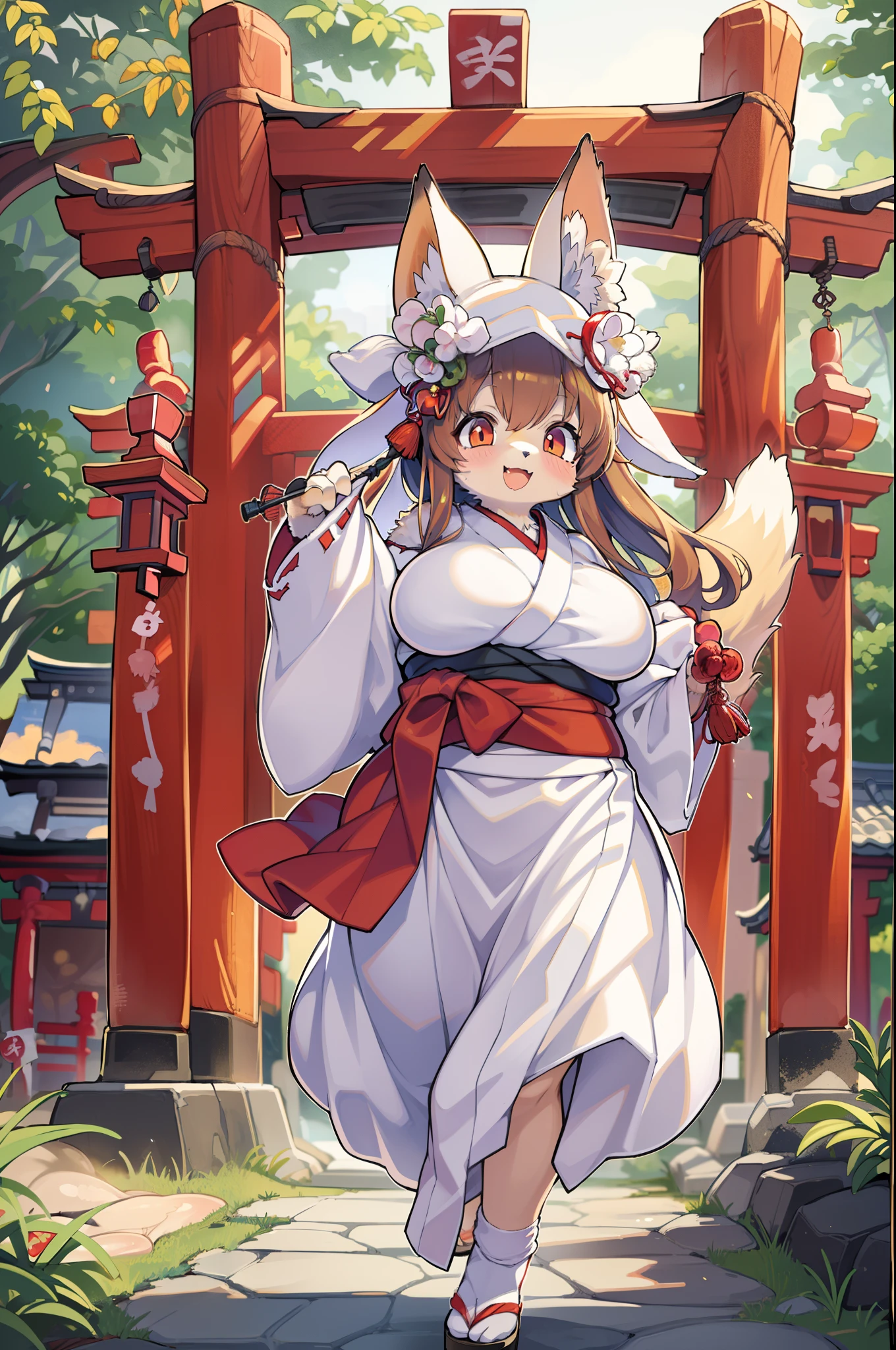Fox Woman、body covered with fur、huge-breasted、kawaii、shrine maiden、Japan white clothes,Red Hakama、torii gate,summer day、From below、Wide Shot、Very Wide Shot、A big smile、bbw、thick thight、big butts、Ultramammy
