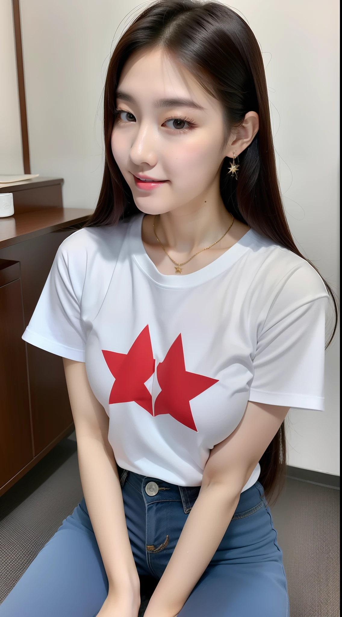 realistic photo of 1cute Korean star), medium hair, white skin, thin makeup, 32 inch breasts size, wearing t-shirt, reading a book, in the room, upper body portrait, sparkle, 16k