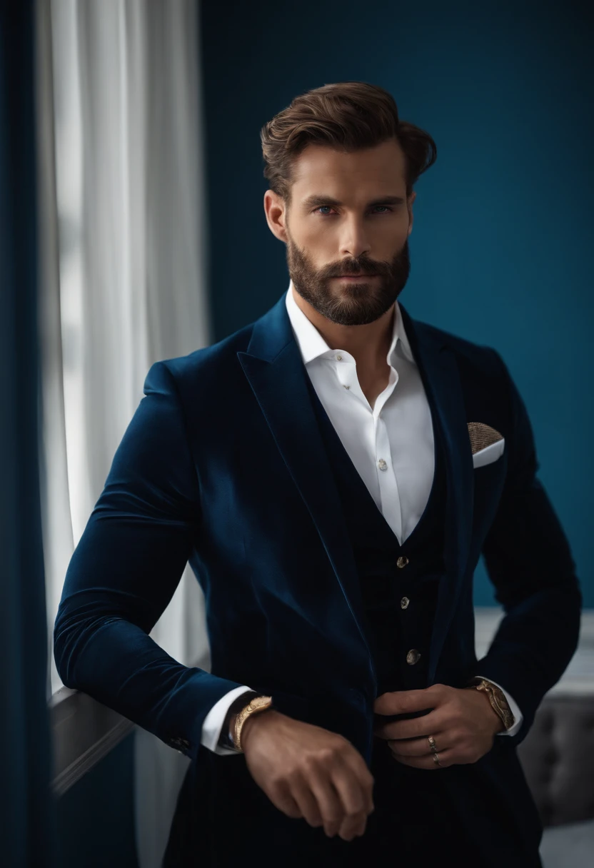 (Homem com roupa elegante), ), (usando barba longa e cheia,) (olhos azuis) (retrato) Attractive and serious look, Cabelos castanhos escuros, Elegante e elegante, e camiseta de corpo forte, Homem parecido com o ator Jamie Dornan, (imagem realista e de alta qualidade), in the background Scandinavian apartment with design furniture and with blue wall color in the background, ((best quality, 8k, master part).