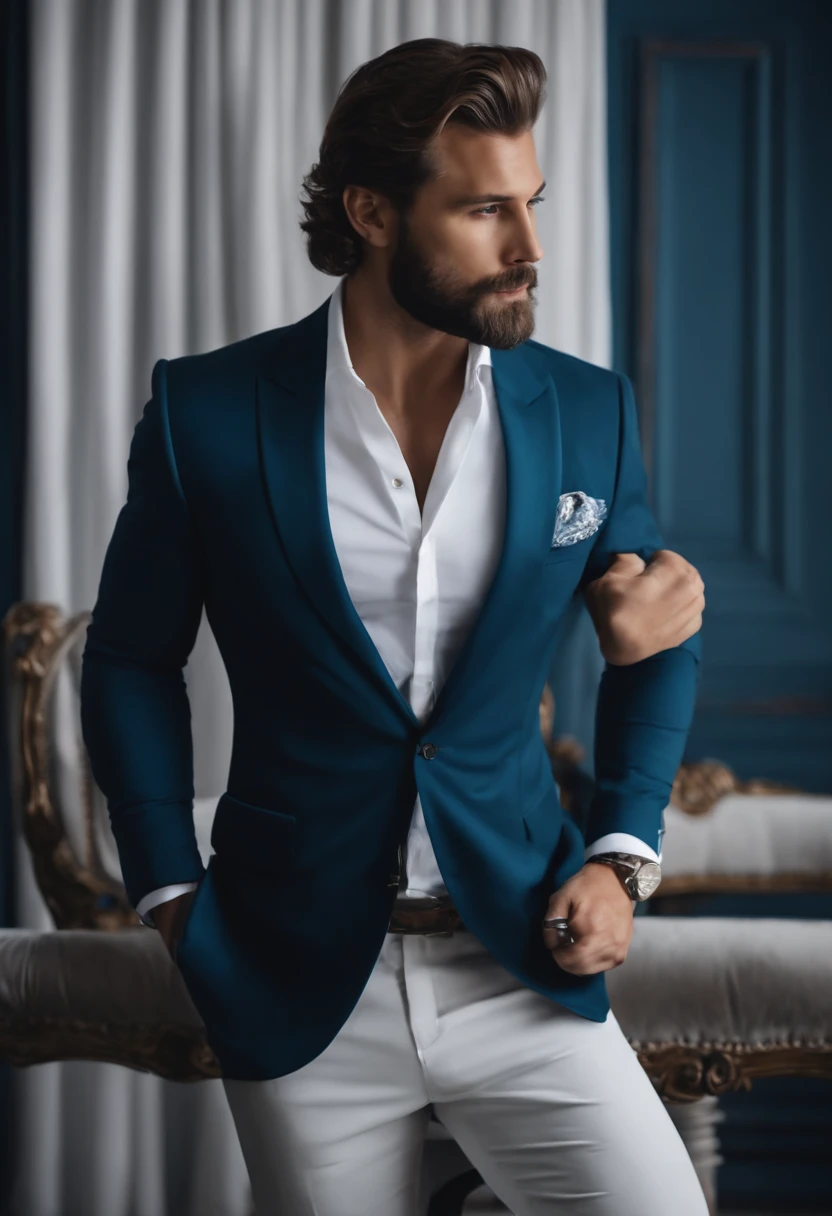 (Homem com roupa elegante), ), (usando barba longa e cheia,) (olhos azuis) (retrato) Attractive and serious look, Cabelos castanhos escuros, Elegante e elegante, e camiseta de corpo forte, Homem parecido com o ator Jamie Dornan, (imagem realista e de alta qualidade), in the background Scandinavian apartment with design furniture and with blue wall color in the background, ((best quality, 8k, master part).