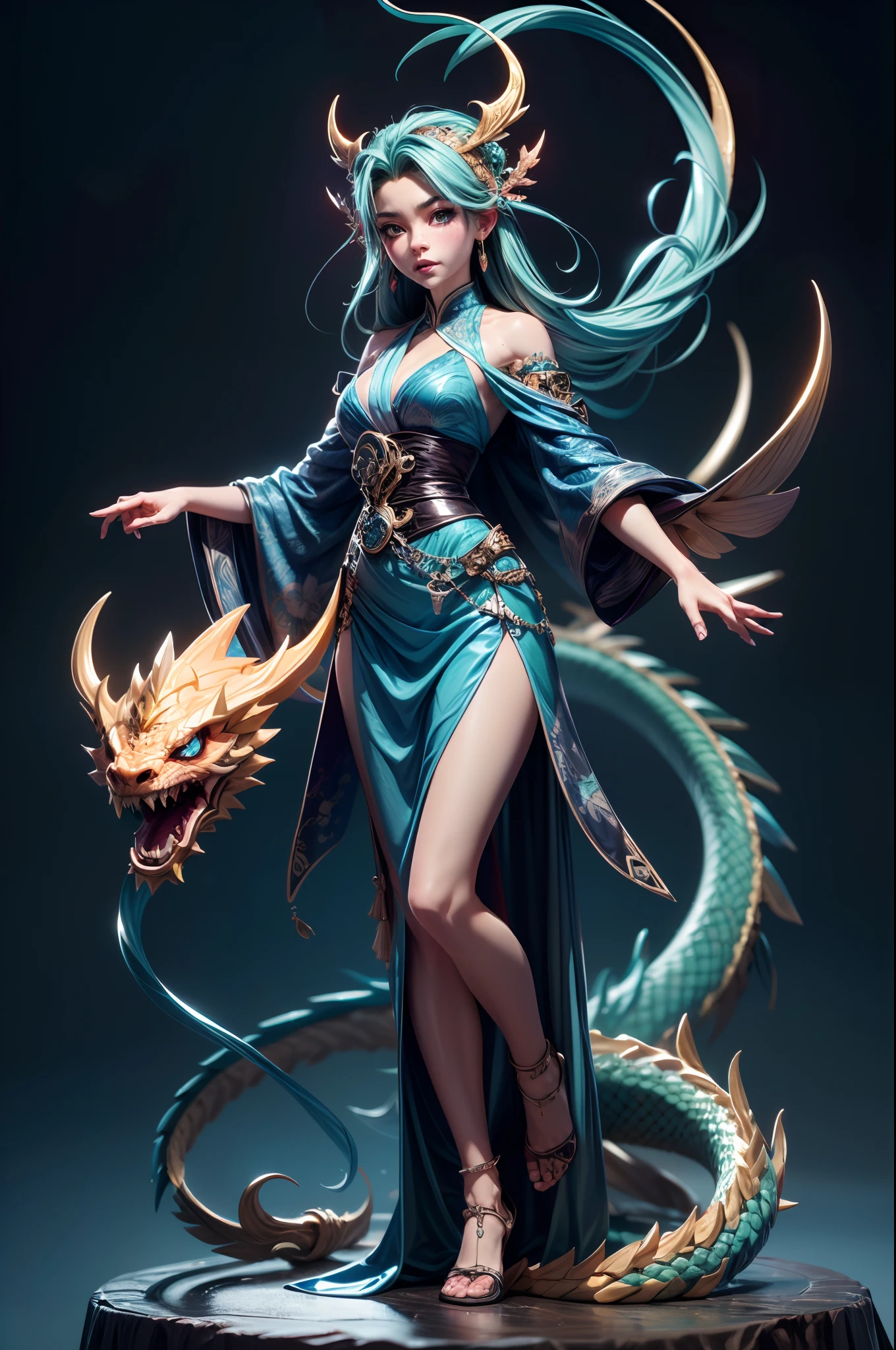 *8k Masterpiece, Top Quality, Best Quality, Official Art, (Beauty and Aesthetics: 1.3), Extremely Detailed, (Fractal Art: 1.3), Colorful, Ice and Chinese Dragon, Serpentine Body, Claw, Cyan and 1 Woman, Han Woman's Media, Hanfu, Cyan