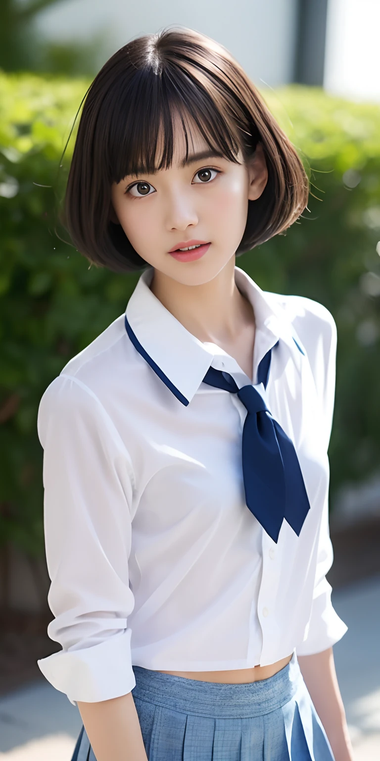 a closeup, masterpiece, top-quality, FULL ANATOMY、Raw foto, Photorealsitic, faces, unbelievable Ridiculous, beautiful a girl, cute little, shorth hair, White underwear、depth of fields, hight resolution, ultra-detailliert, finely detail, ighly detailed, extremely detailed eye and face, Realistic pupils, foco nítido, Cinematic lighting、flat breast、tiny chest、small tits、(Petite bust:1.2)、Petite bust、 (Slimed、small tit、flat boobs、small tit)、 a 20 yo woman、Sexual facial expressions、sexy pose、 (Panties are visible)、 Wet body、Blushing、Sweating、Very embarrassed look、The face is bright red、On the train、Large crowds、short-hair、Straight bob hair、Shorthair with bangs、A smile、Schoolgirl Uniform、Panties are visible from the skirt、Very detailed 8k wallpaper、Sheer white shirt、Navy blue ribbon at the collar、Dark blue pleated micro mini、Show me your whole body、Plump panties、White Sox、Lift the hem of the skirt、Lift the hem of the skirt with both hands、Lift the hem of the skirt yourself,、Showing her panties to the camera、is standing、