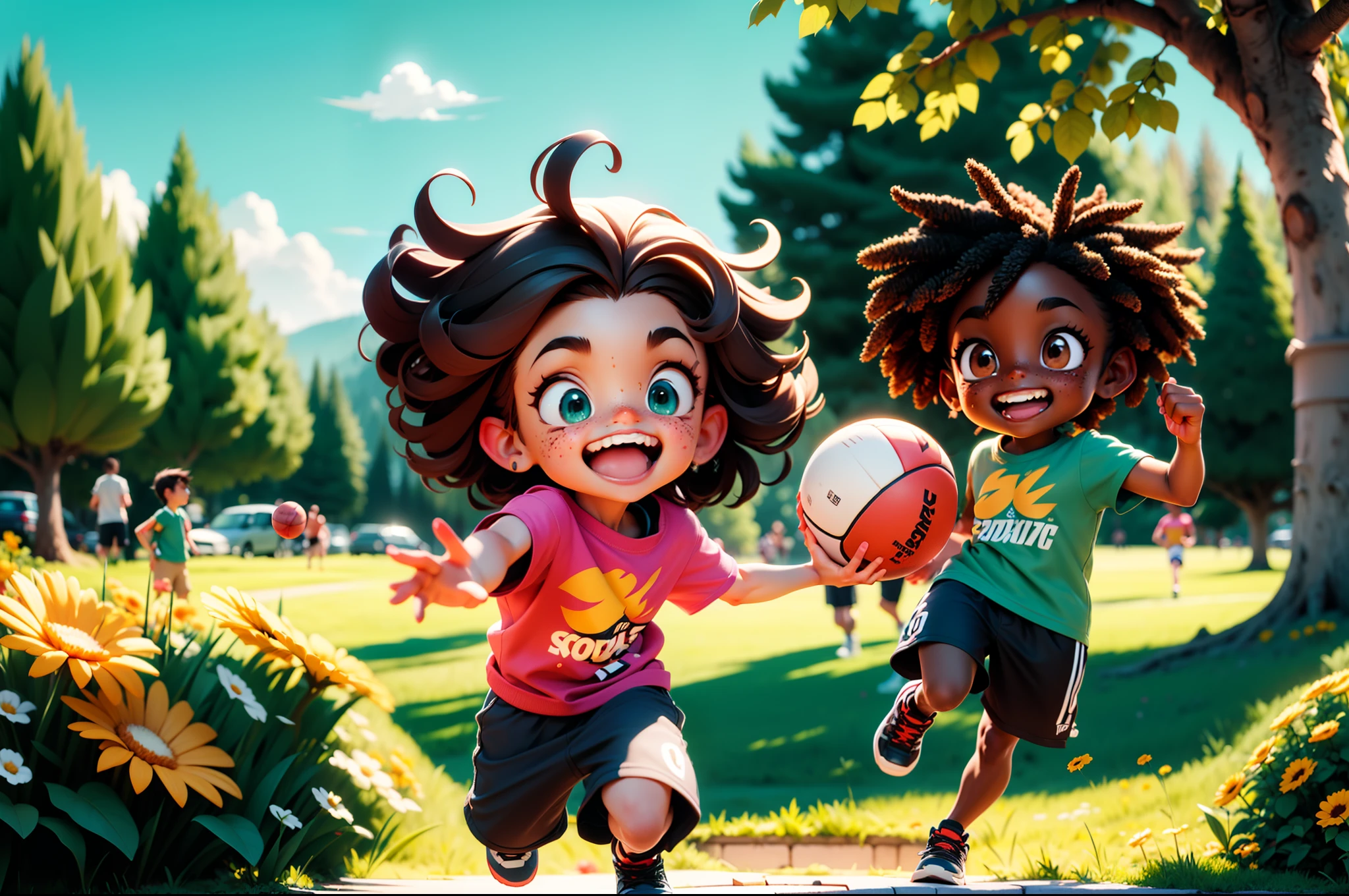 RAW photo, best, masterpiece, best quality, high quality, extremely detailed, illustration, ((two boys playing ball: 1.42)), colorful, cheerful, playful, garden, friends, sunny day, green grass, blue sky , bright colors, active, energetic, happy expressions, dynamic poses, outdoor activity, run, jump, bounce the ball, emotion, movement, detailed characters, happy faces, child, teenager, curly hair, freckles, expressive eyes, lips smiling, casual clothing, t-shirt, shorts, sneakers, trees in the background, flowers, animated atmosphere, pencil shading, comic style, vibrant light and shadow effects, happy childhood memories, best quality, ultra-detailed, realistic , sharp focus, vivid colors