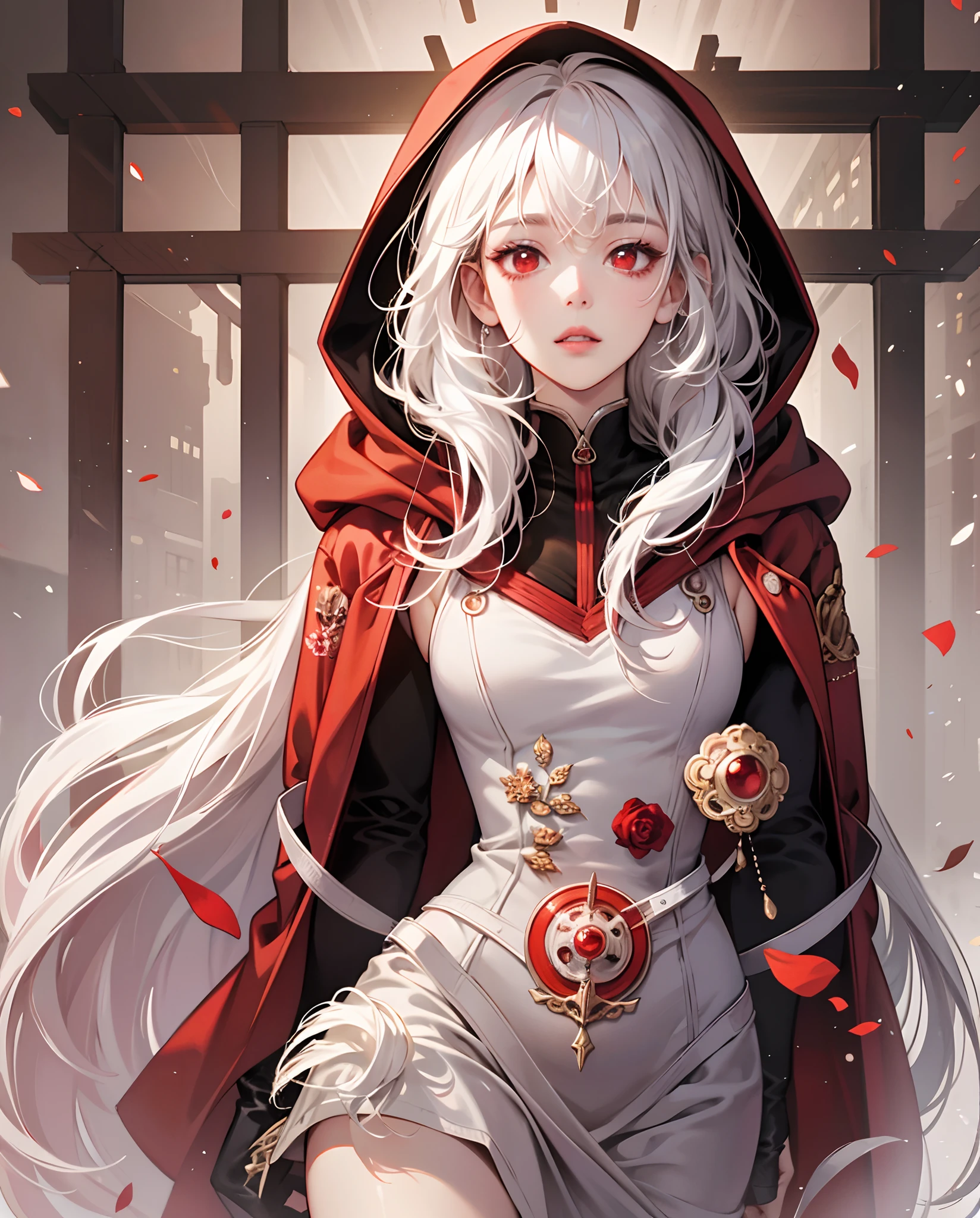 ultra HD, Manhwa Girl,Oval face, small, straight nose
Visible bone cheeks
Medium seized rosy lips
Big, almond shaped, Red eyes
Long, silky, white hair with long bang, slim hourglass shape of body, red eyes, hooded coat --auto --s2