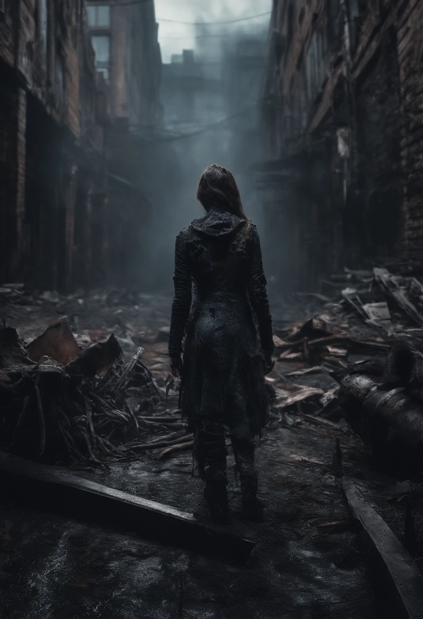 digital illustration of a female zombie, full body, medium long shot photography, creepy and terrifying, black deep eyes, scars, wounds, tattoo, tank top, denim, leather, thorn clothing, low camera angle, highly detailed, horror, fantasy, city of urban ruins and graffiti in the background, intricate, rich textures, dramatic, tilt-shift angle, depth of field, sharp focus, bokeh, blood red, gray , black, cobalt blue sweep, hyperrealism, ultra realistic, photorealistic, photo realism, cinematic, film grain, god rays, lens flare, specular lighting, depth of field, RAW photo, 85mm lens, f/1. 4 GM, long exposure, hard focus, center framed, symmetrical, octane render, unreal engine, masterpiece, art inspired by popular Zombie tv-series, concept art, movie poster, wallpaper, 4k, 8k, 16k, 32k, UHD, HDR, absurdres.
