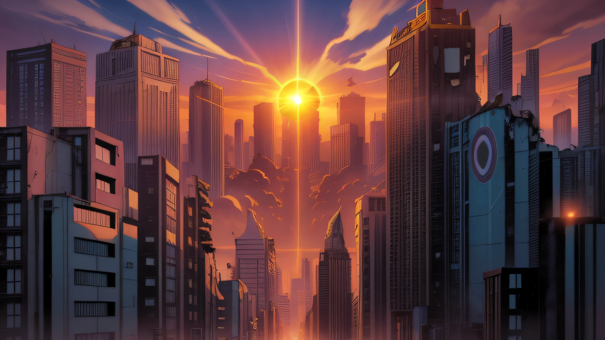 view of a apocapyptic destroyed city street with tall buildings with windows and a sun, Sunrise over Solar Punk City, Sun and shadow over a city, City sunset, Chiang Cliff, by Matt Stewart, by Dan Scott, by Matthew D. Wilson, transmetropolitan, by Jesse Richards, comic, by Adam Rex, by Adam Paquette, Matte Painting Comic Art, esteban marotto style