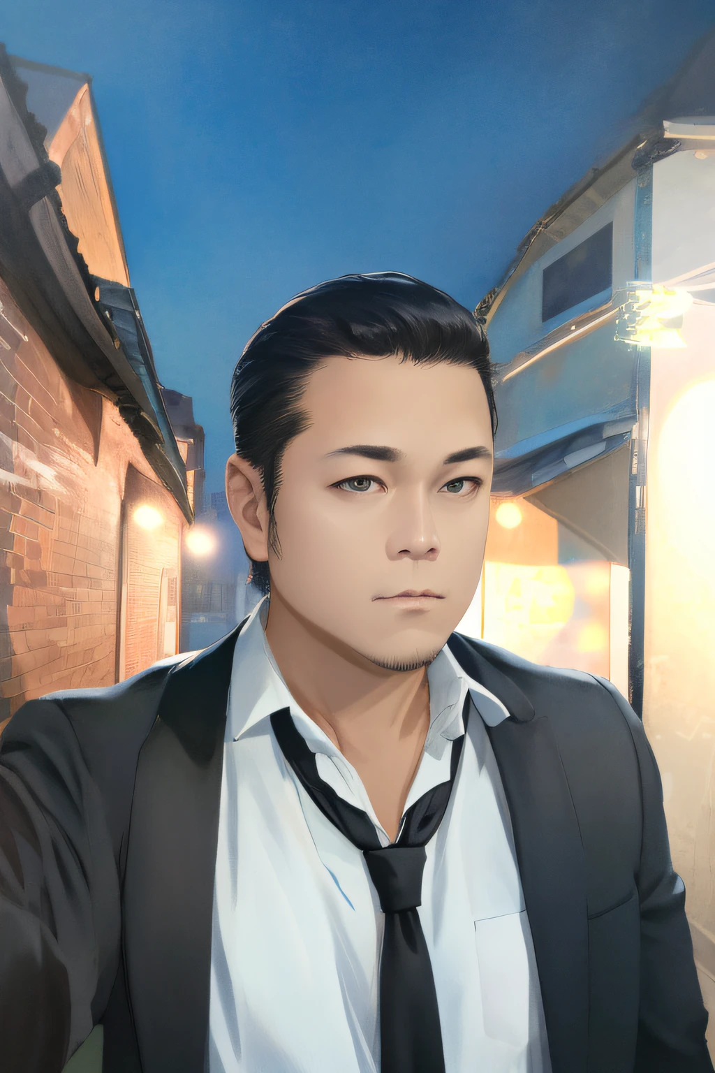 (absurdres, highres, ultra detailed, realistic, ), 1 male, solo, adult, mature, tall muscular guy, broad shoulders, handsome, very short hair, black hair, brown eyes, angular jaw, thick neck, thick eyebrows, night, dark, the night view of the city background, formal suit, necktie, upper body