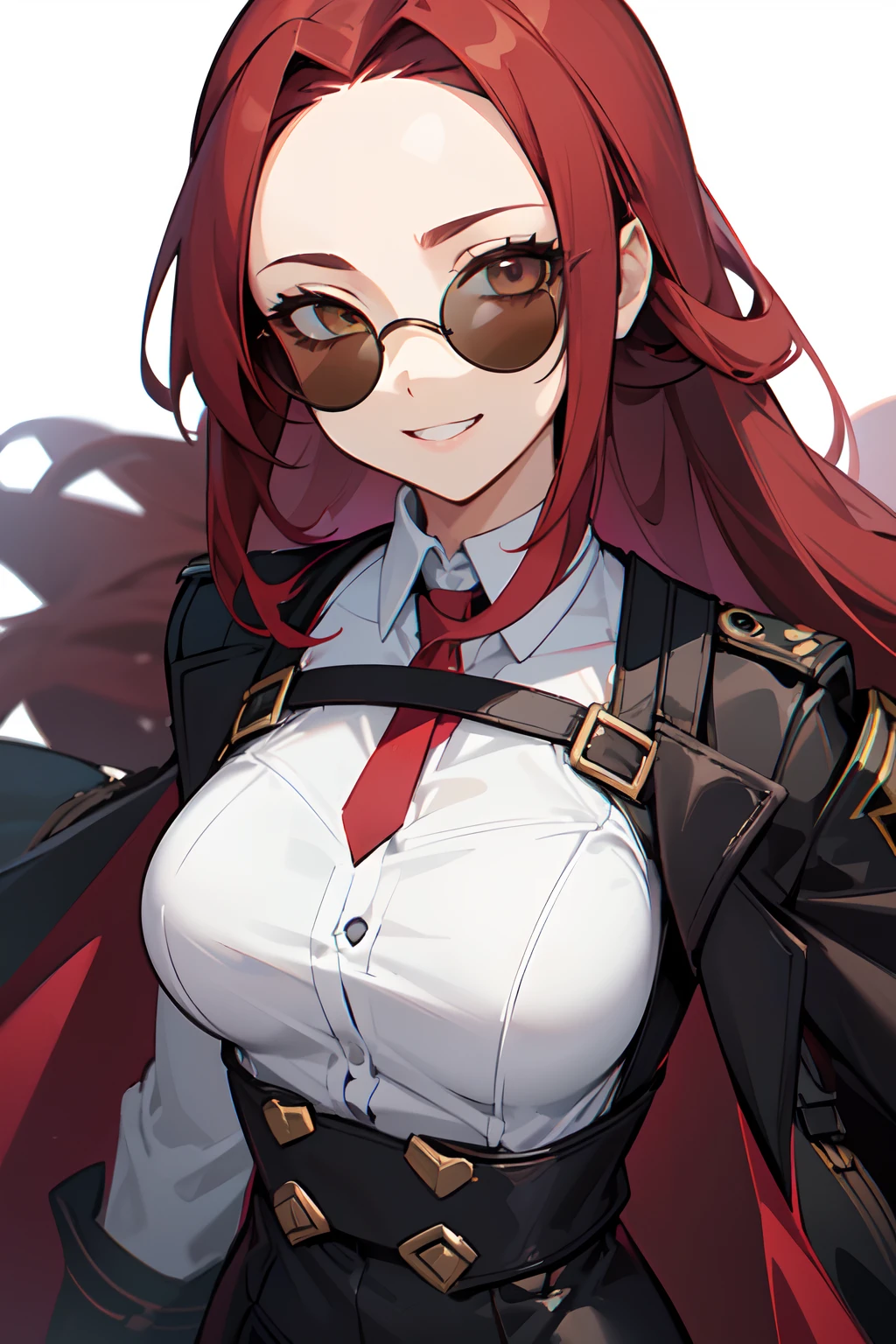1girl, young woman, solo, long hair, big hair, (forehead:1.2), (round sunglasses:1.2), yellow eyes, (scarlet red hair), medium breasts, grin, (overcoat, black coat, open coat:1.2), white shirt, collared shirt, (chest harness, shoulder strap:1.15), black leather shorts, garter belt, gloves, elegant, looking at viewer, standing, chromatic aberration, (close-up to face:1.3), face only masterpiece, best quality, 4k