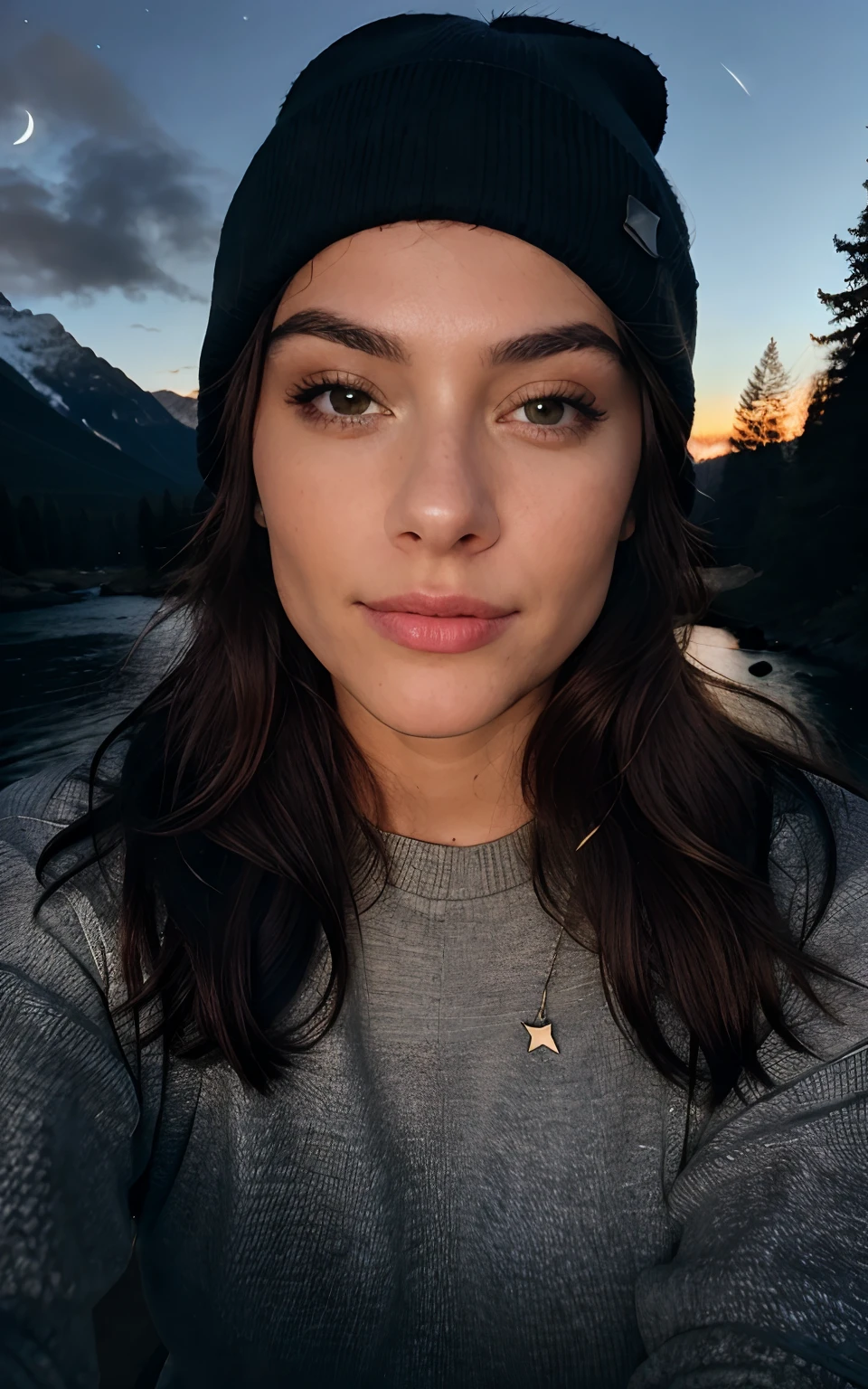 photorealistic, best quality, hyper detailed, beautiful woman, selfie photo, upper body, solo, wearing pullover, outdoors, (night), mountains, real life nature, stars, moon, (cheerful, happy), sleeping bag, gloves, sweater, beanie, flashlight, forest, rocks, river, wood, smoke, fog, clear sky, analog style, looking at viewer, skin texture, film grain, close up, ultra high res, best shadow, RAW, instagram LUT