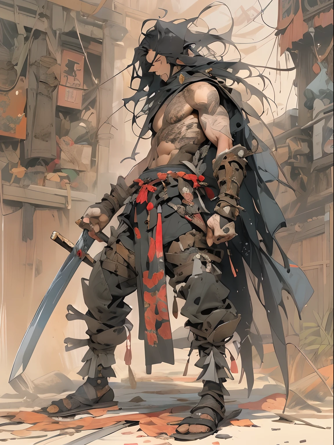 (((mtu))), (((best qualityer))), (((tmasterpiece))), (((AS-Adult))), ((( Japanese ))), Look up from your knees, Handsome Asian samurai,perfect body figure, Modern samurai, ((( Asian))), Wear gloves on your hands,The left arm is made of steel and metal tips,Made of protective devices, The eyes are pulled, (( Appears below the chest )), (( Small dental floss )), Simon Bisley, Almost naked(Simon Bisley)Castle City Wilderness,For high-resolution posters, hair straight, Minimum clothing, armure (Crazy clothes ), Full of tips and rivets, tribal tattoos, (((full bodyesbian))), Straight brunette hair,Colored hair ends