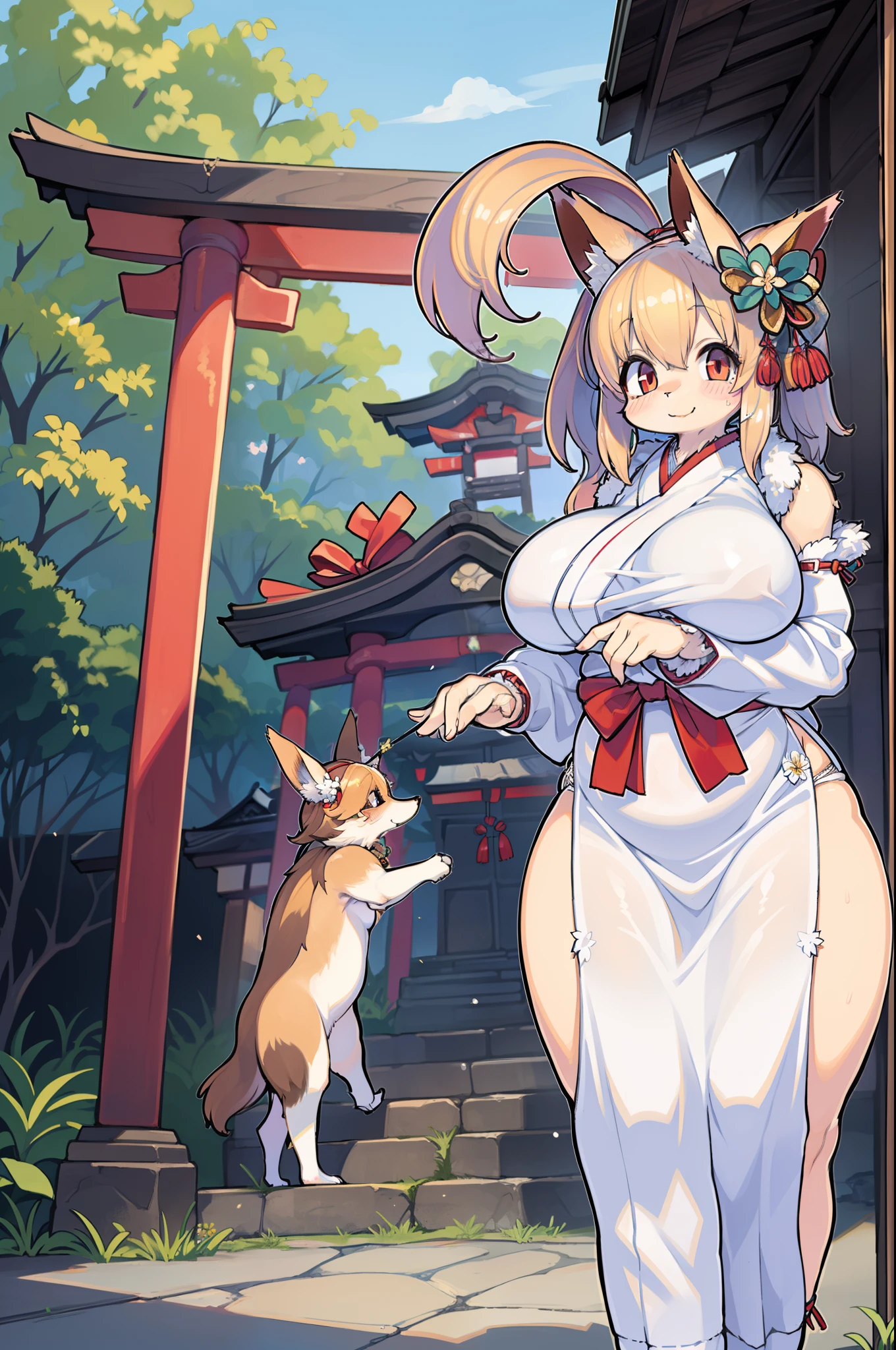 Fox Woman、body covered with fur、huge-breasted、kawaii、shrine maiden、Japan white clothes,Red Hakama、torii gate,summer day、From below、Wide Shot、Very Wide Shot、A big smile、bbw、thick thight、big butts、Ultramammy