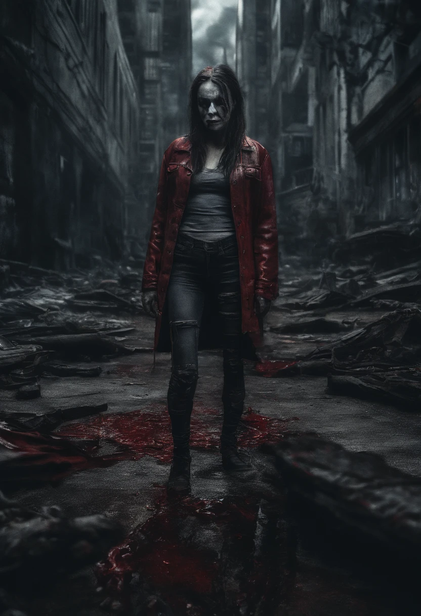 digital illustration of a female zombie, full body, medium long shot photography, lush body, creepy and terrifying, black deep eyes, scars, wounds, tattoo, tank top, denim, leather, thorn clothing, low camera angle, highly detailed, horror, fantasy, city of urban ruins and graffiti in the background, intricate, rich textures, dramatic, tilt-shift angle, depth of field, sharp focus, bokeh, blood red, gray , black, cobalt blue sweep, hyperrealism, ultra realistic, photorealistic, photo realism, cinematic, film grain, god rays, lens flare, specular lighting, depth of field, RAW photo, 85mm lens, f/1. 4 GM, long exposure, hard focus, center framed, symmetrical, octane render, unreal engine, masterpiece, art inspired by popular Zombie tv-series, concept art, movie poster, wallpaper, 4k, 8k, 16k, 32k, UHD, HDR, absurdres.