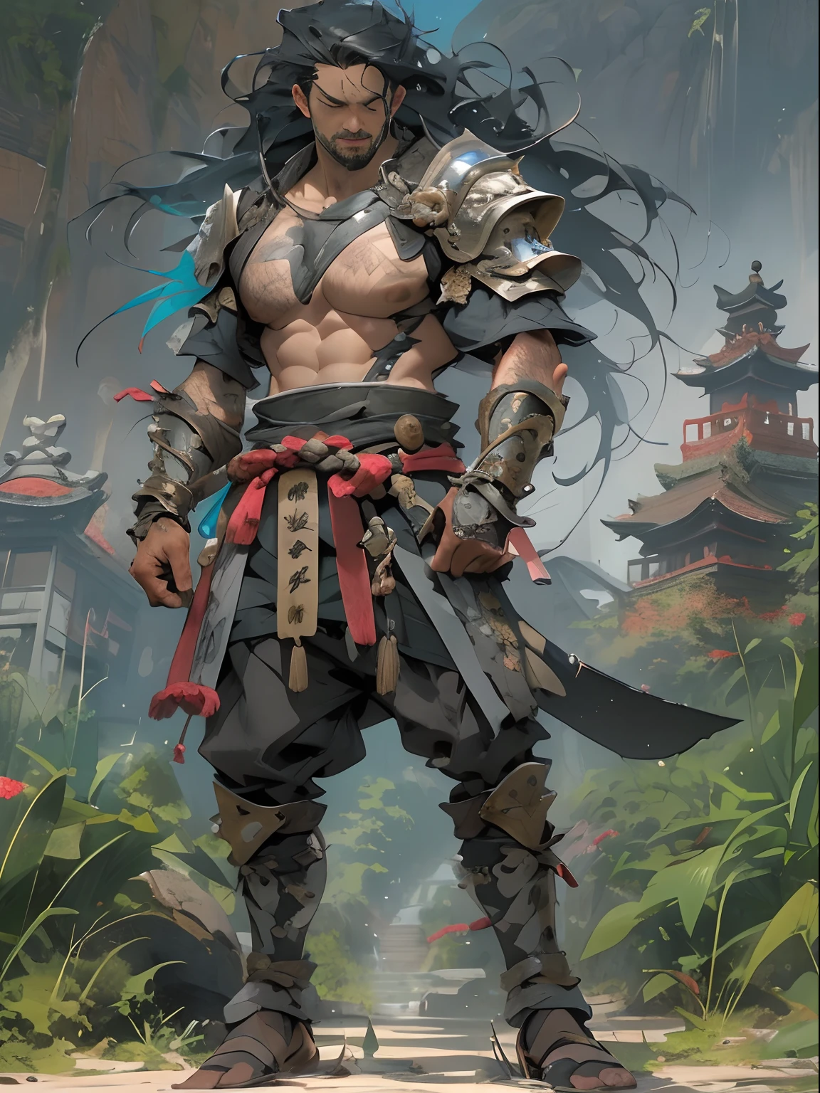 (((mtu))), (((best qualityer))), (((tmasterpiece))), (((AS-Adult))), ((( Japanese ))), Look up from your knees, Handsome Asian samurai，perfect body figure, Modern samurai, ((( Asian))), Wear gloves on your hands，The left arm is made of steel and metal tips，Made of protective devices, The eyes are pulled, (( Appears below the chest )), (( Small dental floss )), Simon Bisley, Almost naked（Simon Bisley）Castle City Wilderness，For high-resolution posters, hair straight, Minimum clothing, armure (Crazy clothes ), Full of tips and rivets, tribal tattoos, (((full bodyesbian))), Straight brunette hair，Colored hair ends
