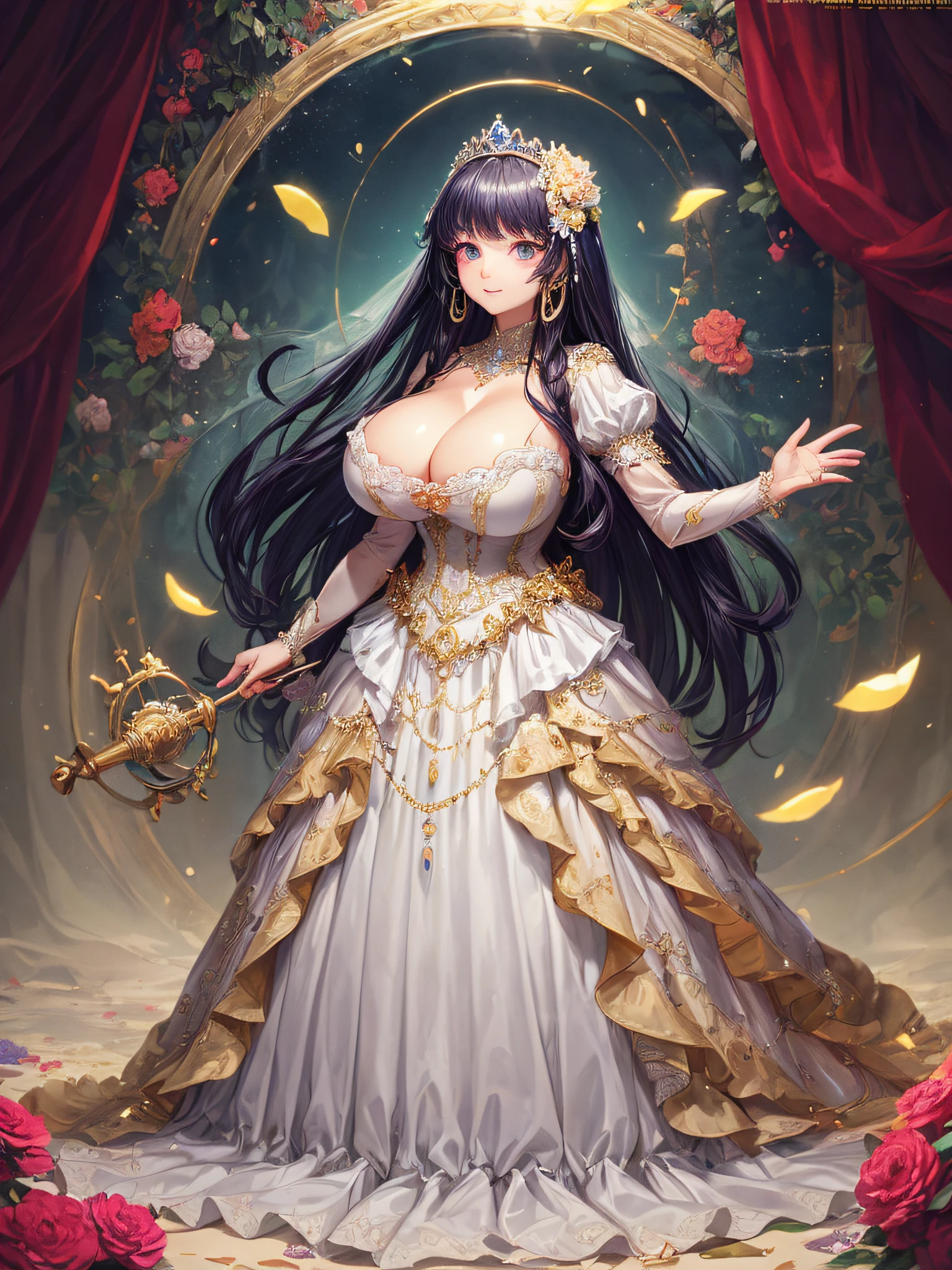 (masterpiece, best quality,extremely detailed:1.1),(moe anime art style:1.2),1girl,((full body)),((solo)), cute, kawaii,digital art,((1 bling-bling anime princess wearing beautiful embroidery and jeweled ruffled gorgeous princess ballgown with voluminous full length hoop skirt)),((crinoline)),long train,voluminous frills,(gorgeous embroidery and beautiful lace),((very gigantic boobs,skindentation)),cleavage,shiny hair,(((very long straight hair))),((finely detailed face and eyes)),clear pupil,extremely gorgeousfull hair ornament,(bling-bling jeweled extremely gorgeousfull tiara),(bling-bling gorgeous gemstone jewelry),long veil,beautiful background,fantasy background,flowers,flower petals flowing,full body,((beautiful embroidery and jeweled ruffled gorgeous princess ballgown with voluminous full length hoop skirt))